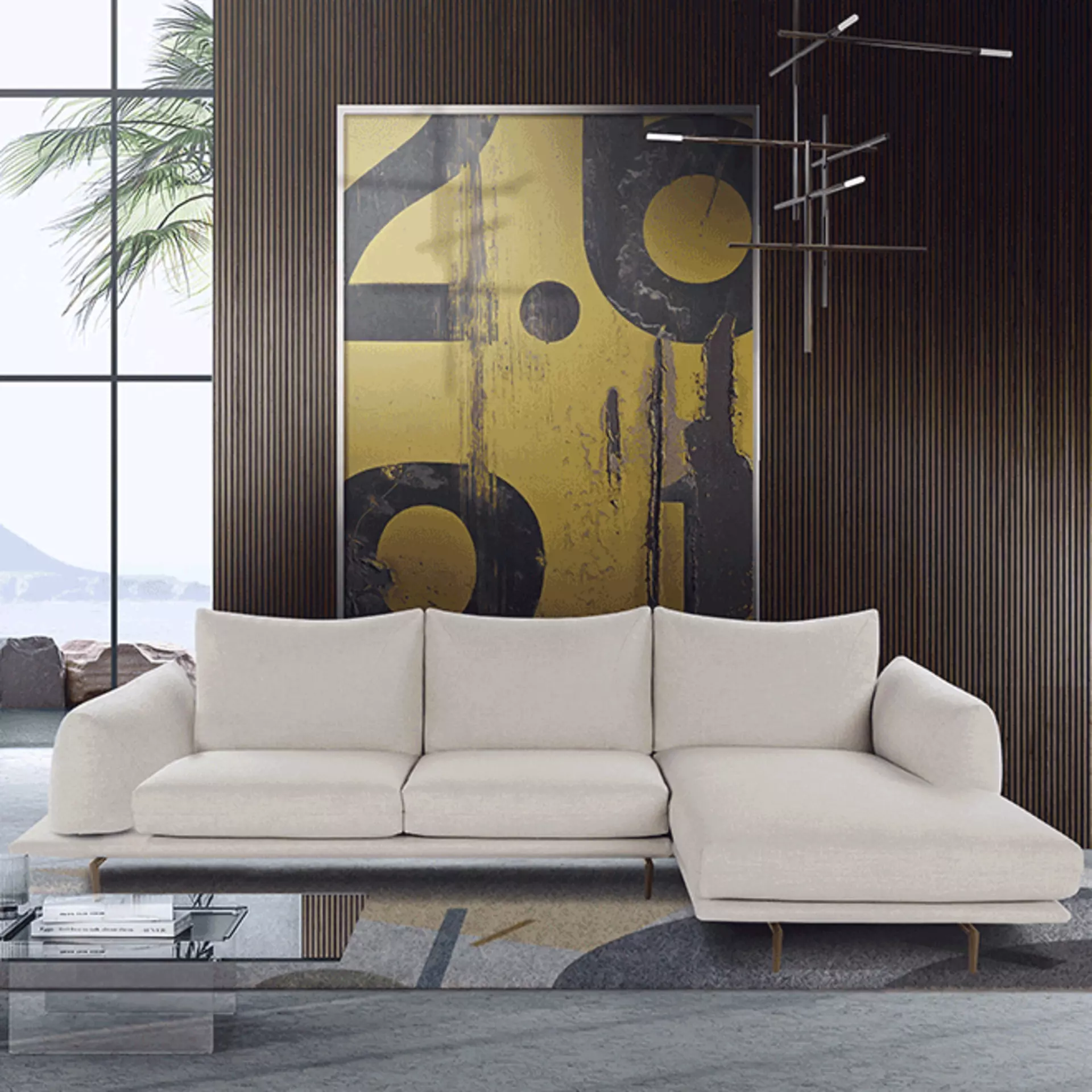 Weißes Ledersofa von Calia Italia in einem stilvoll gestalteten Wohnzimmer mit dunkler Einrichtung.