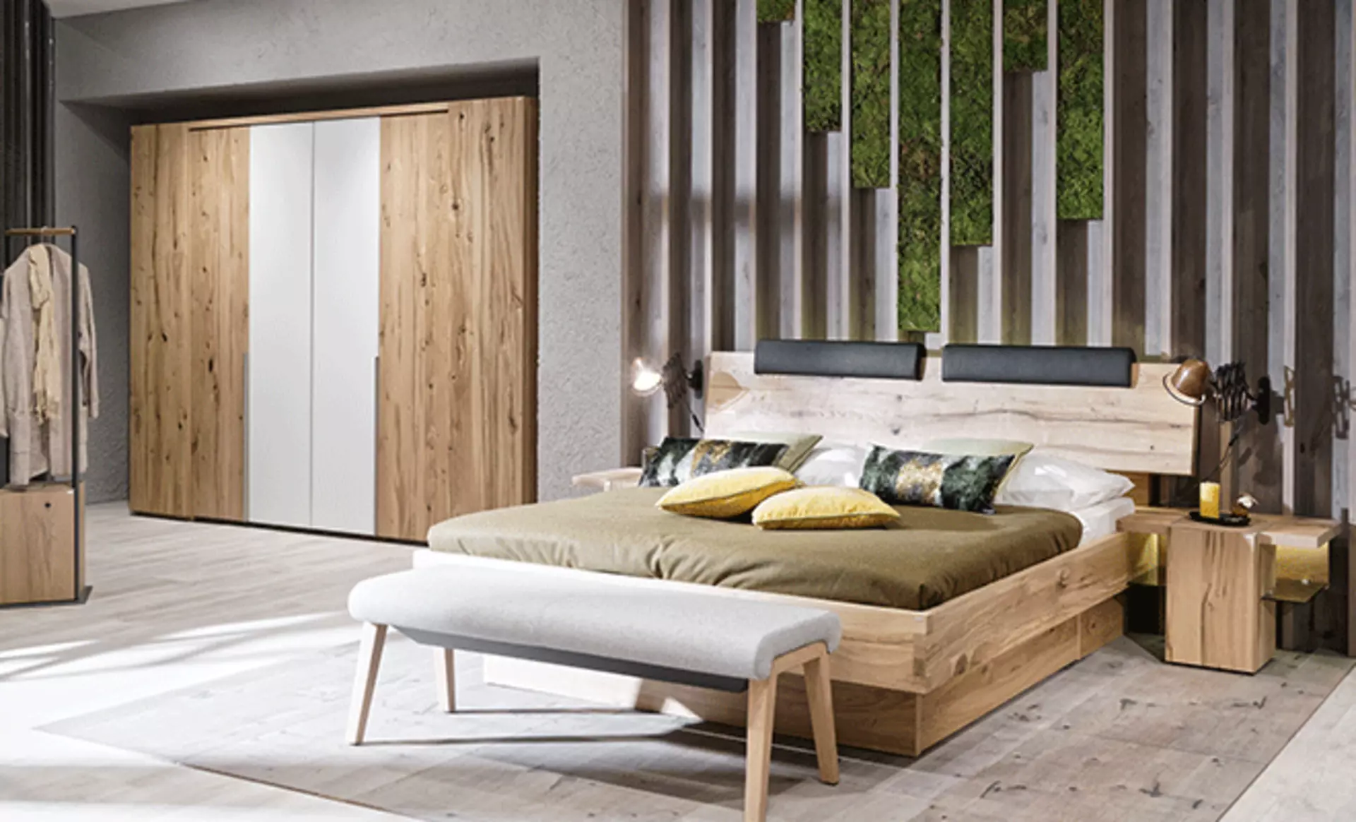 Schlafzimmer in Holzoptik und Naturfarben