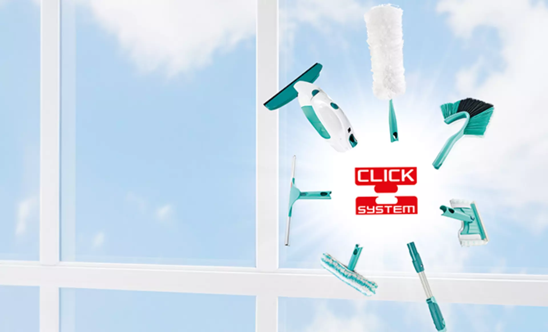 das Leifheit Click-System mit verschiedenen Aufsätzen und Stiel