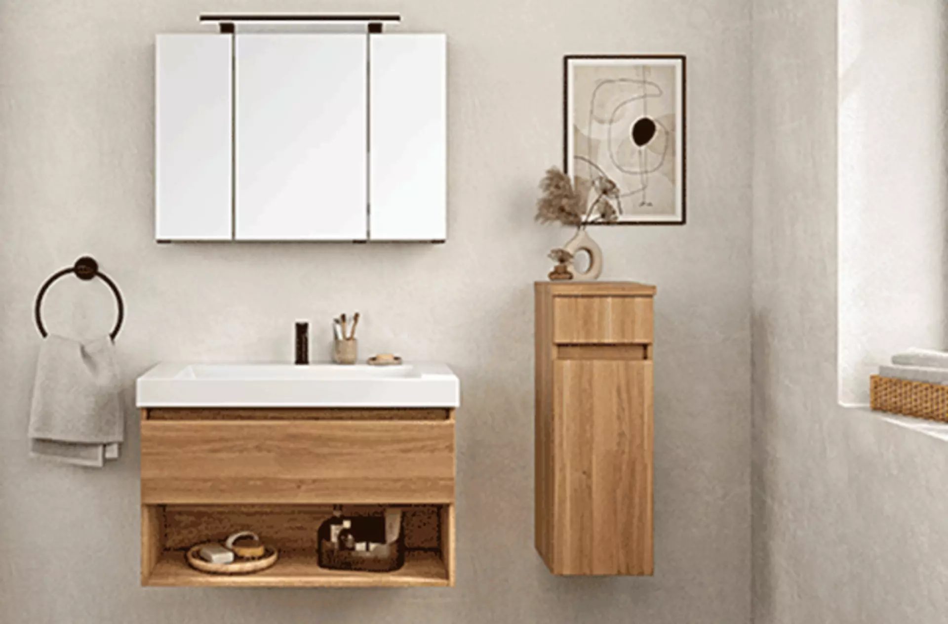 badezimmer in holzoptik mit spiegelschrank 