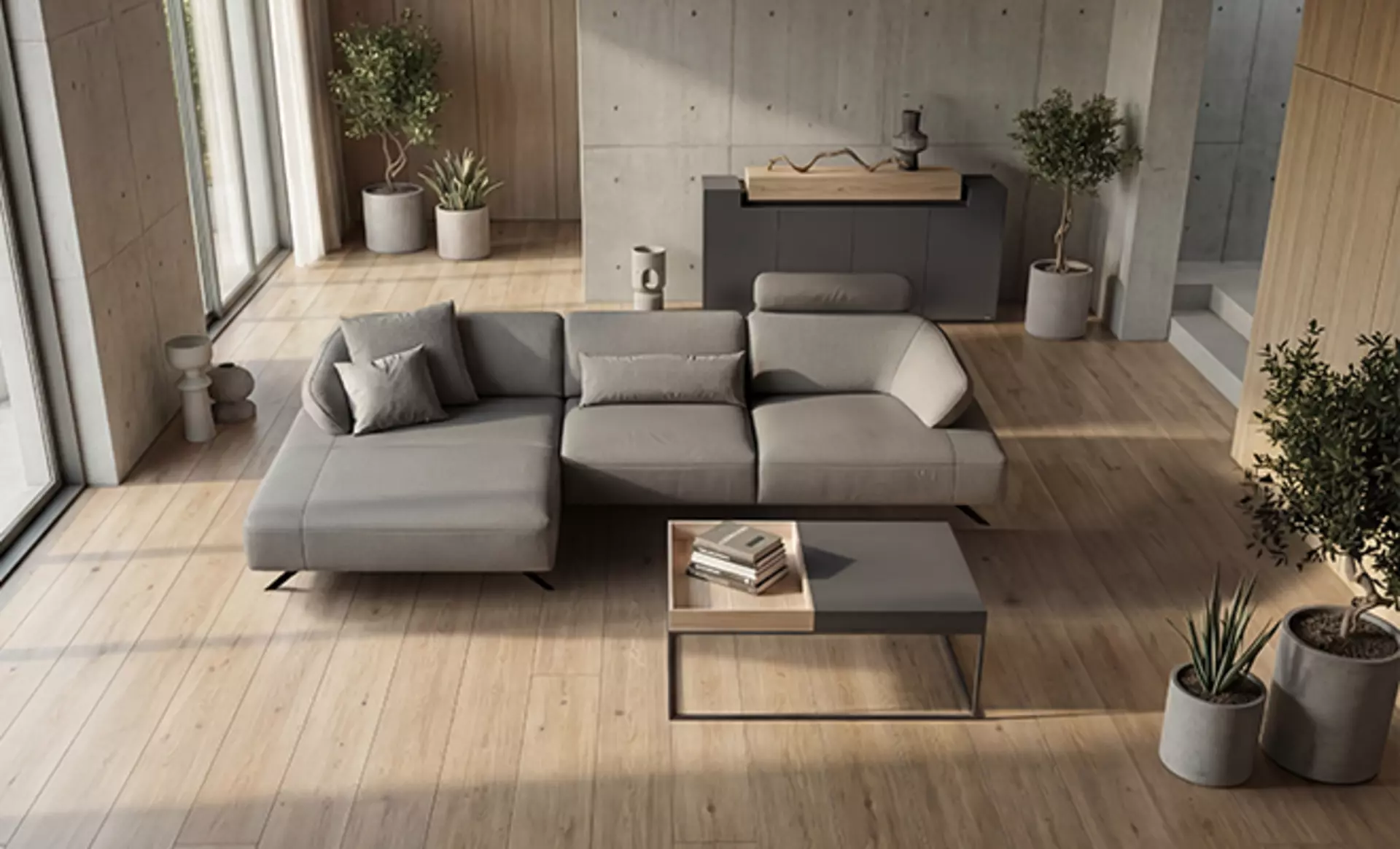 Das Hülsta Nave Sofa in grauem Lederbezug  aus der Vogelperspektive aufgezeichnet