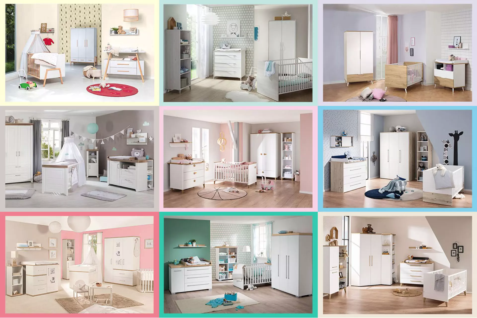 Neun komplette Babyzimmer in verschiedenen , hellen Pastellfarben.