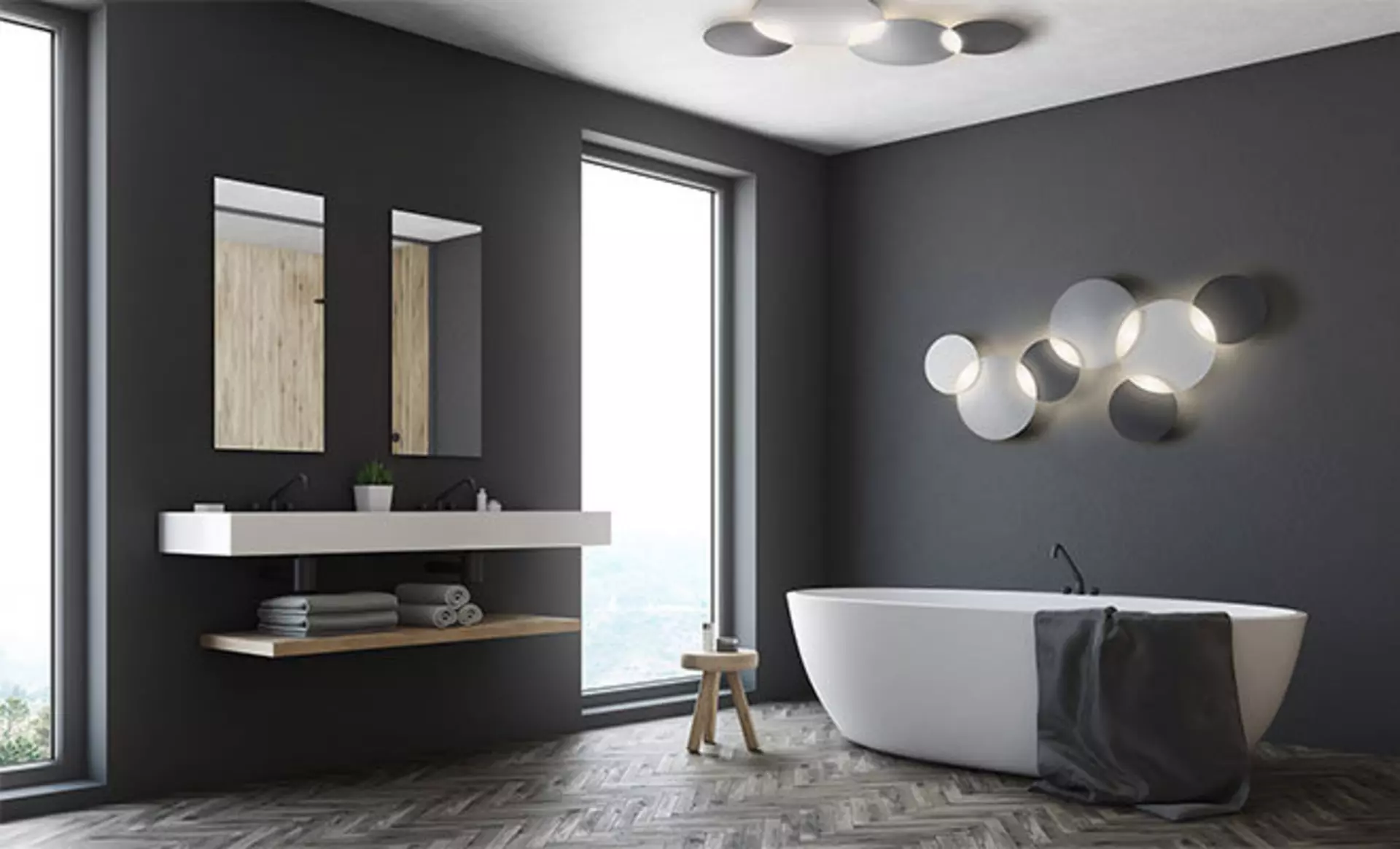 Schönes Badezimmer. Weiße Möbel und Schwarzes Zimmer, perfekte Kombination