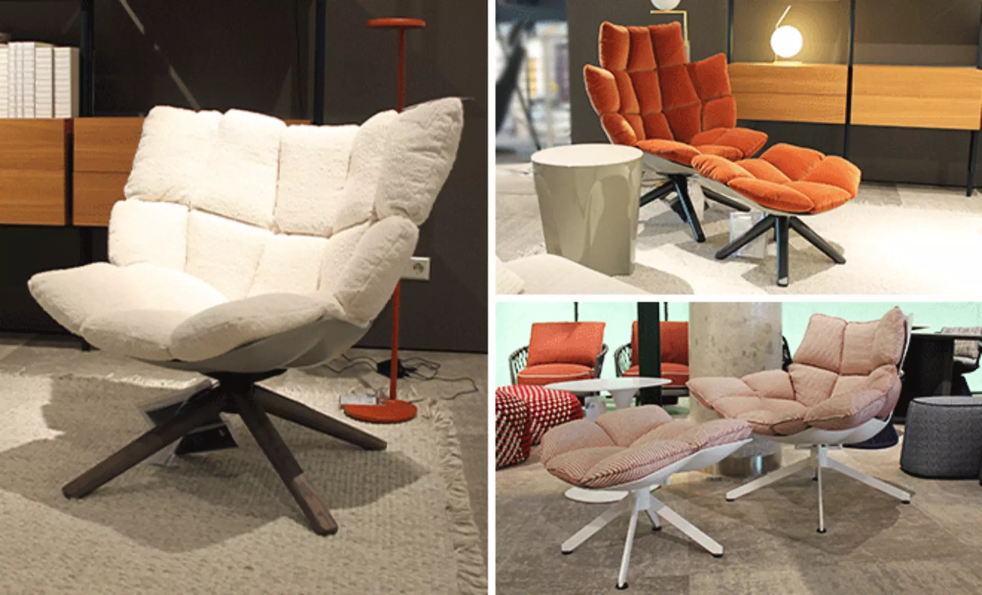Der HUSK Sessel in drei Varianten: als Solitär, als Sessel mit Hocker und in der Outdoor-Version - im B&B Italia Studio von interni by inhofer