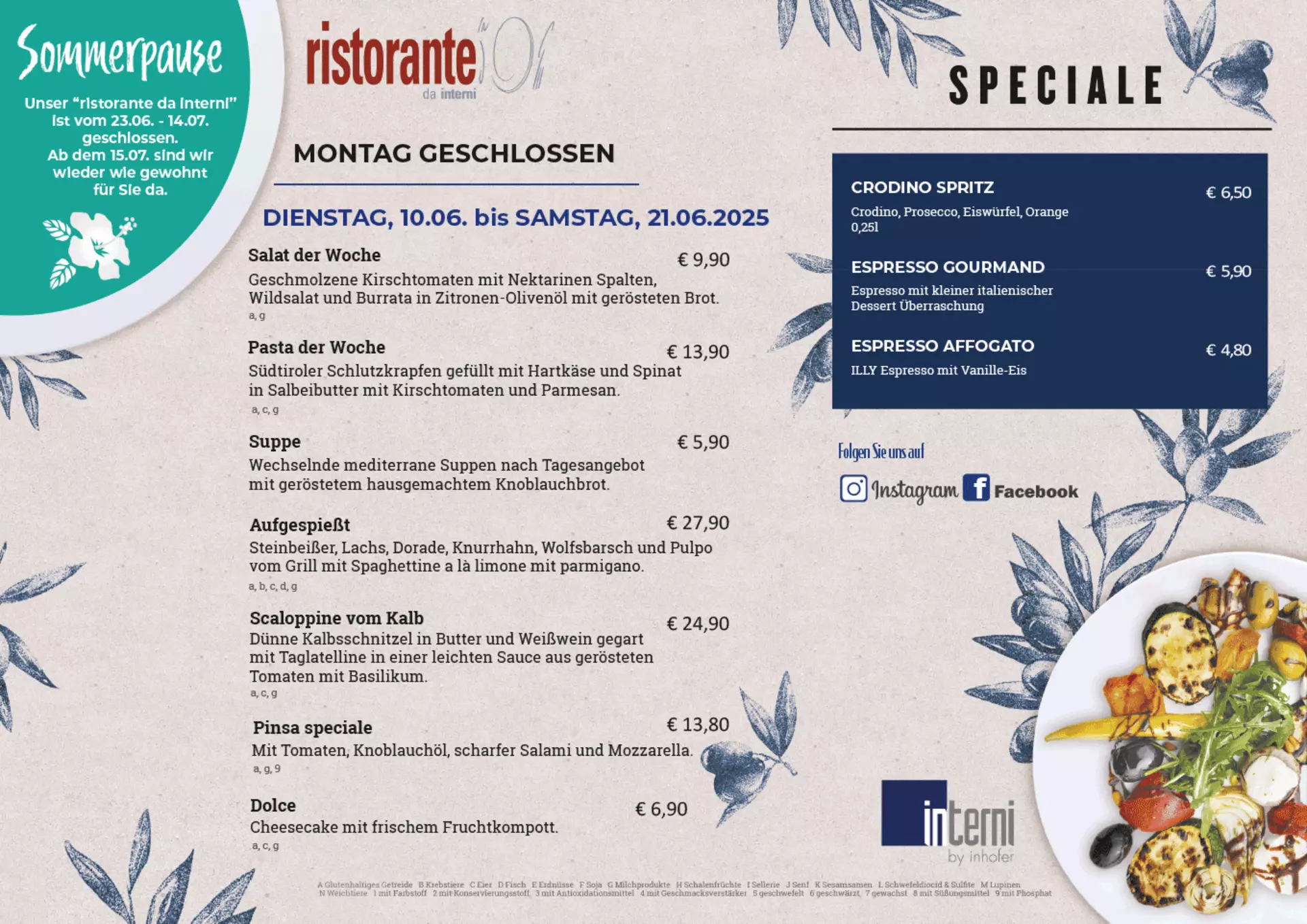 Aktuelle Speisekarte des Ristorante da interni