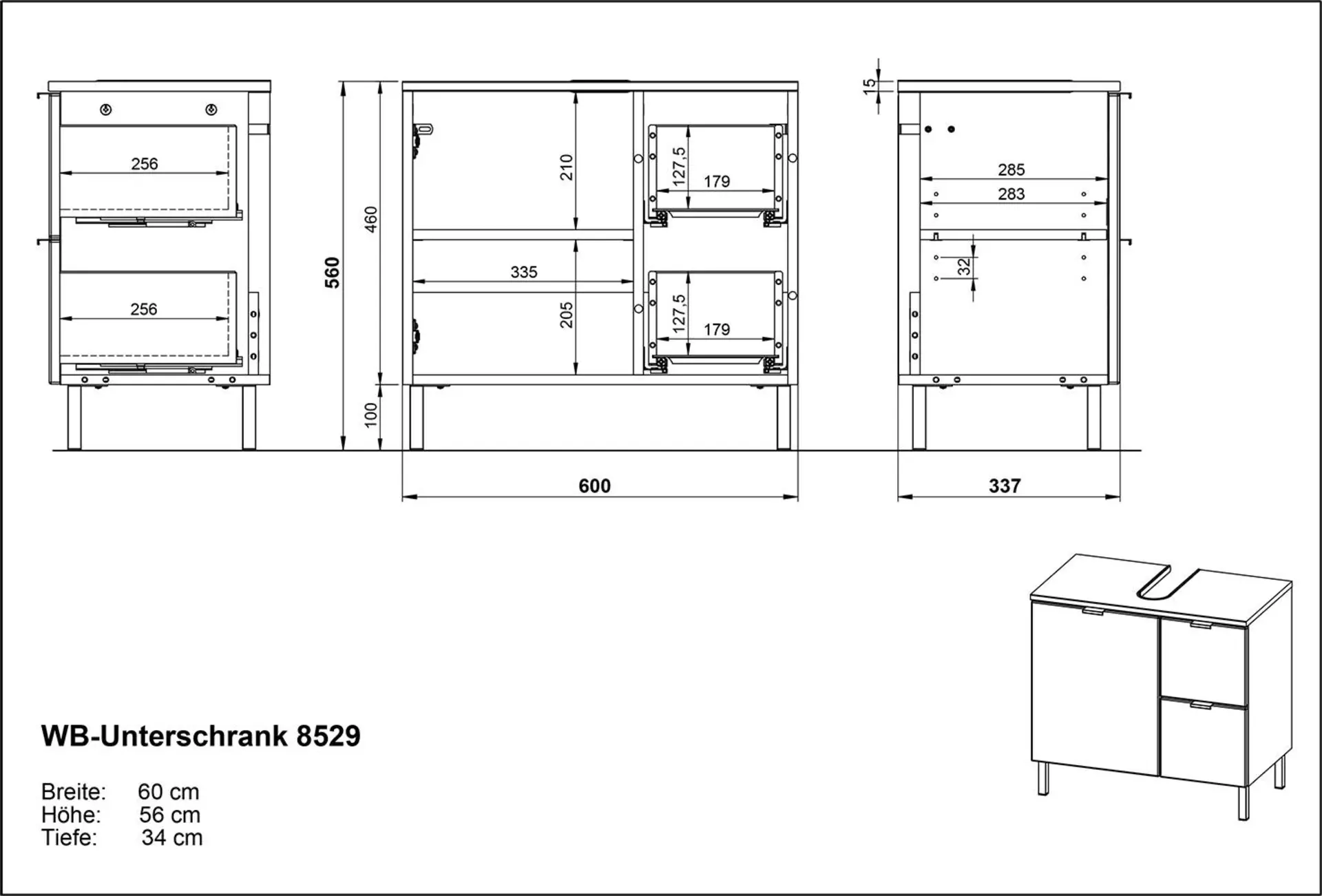 Waschbeckenunterschrank GW-MAURESA Germania Metall 34 x 56 x 80 cm