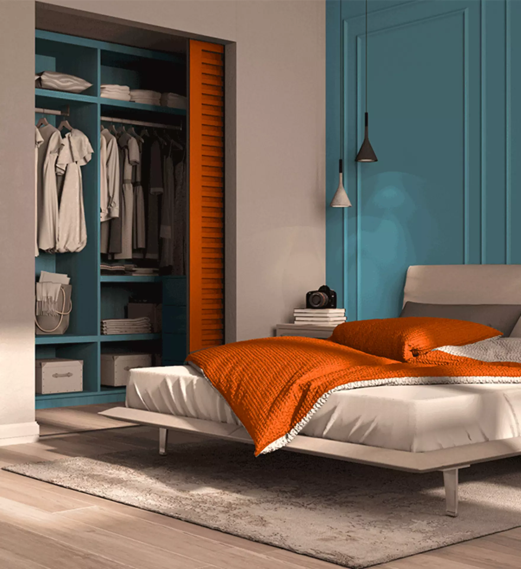 Schlafzimmer in Orange und Blau 
