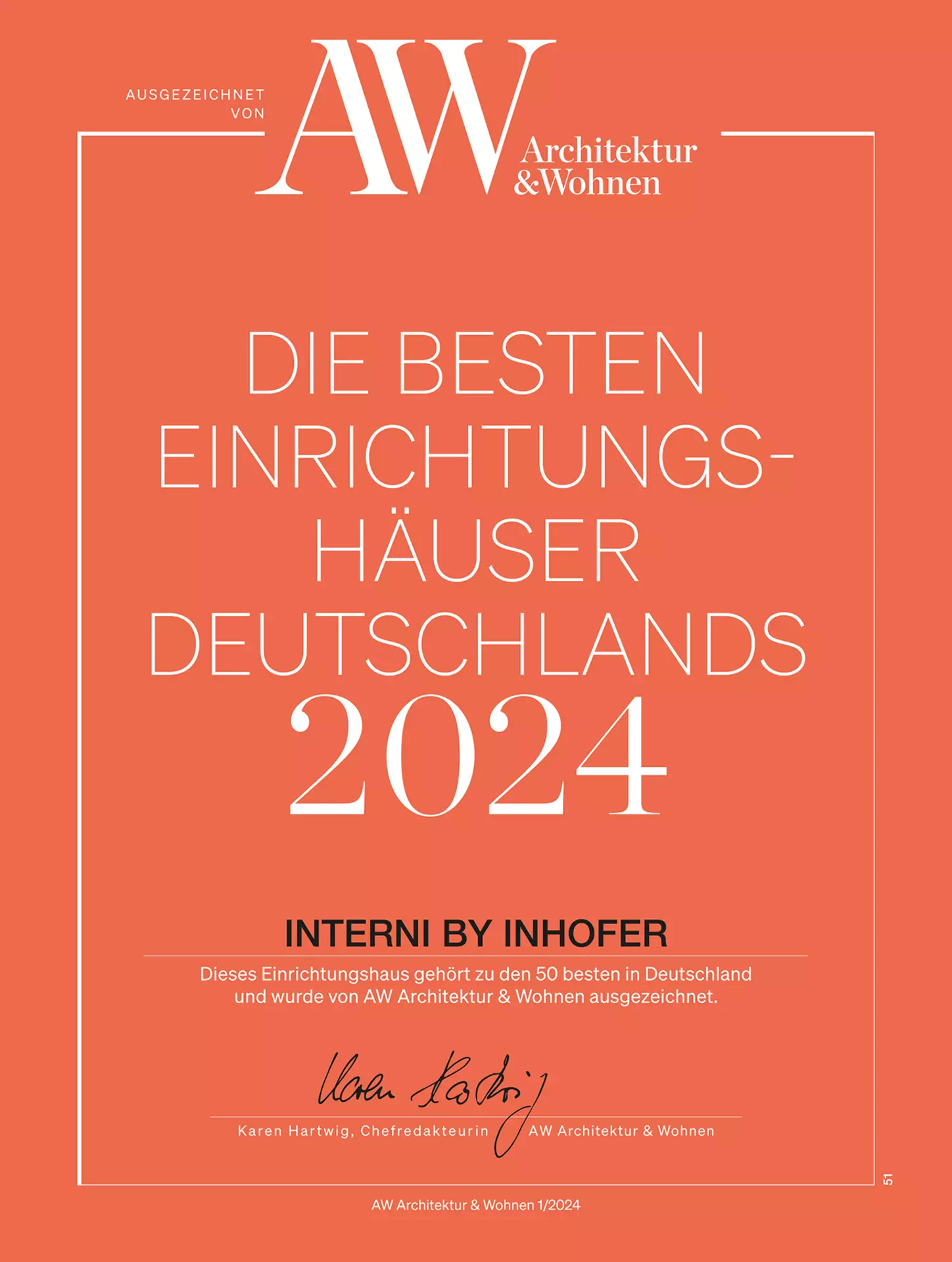 Urkunde: Interni by inhofer wurde zu einem der besten Einrichtungshäuser 2024 gekürt.