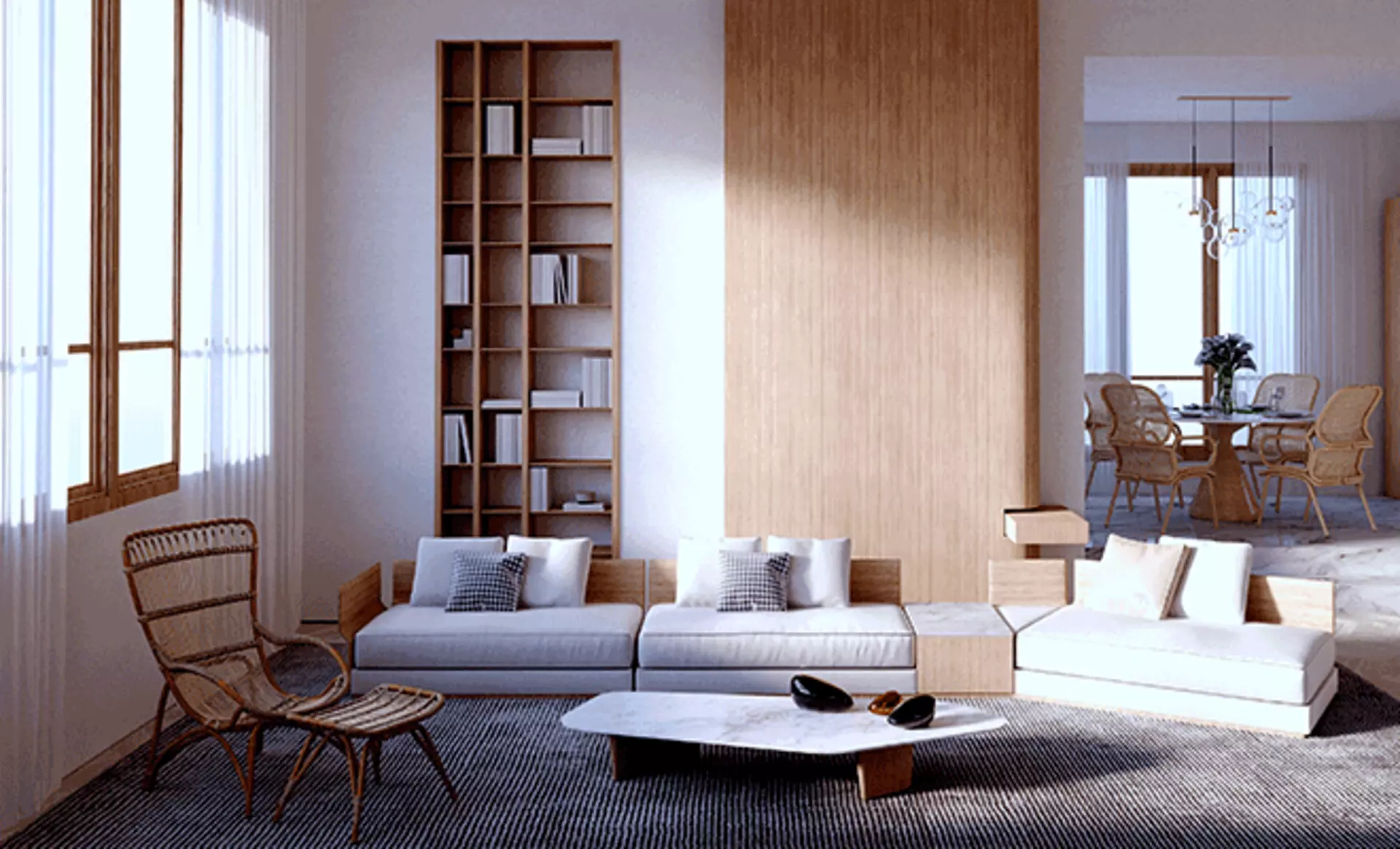 Wohnzimmer mit Sofa und Regal, in den Farben Beige, Braun und Weiß