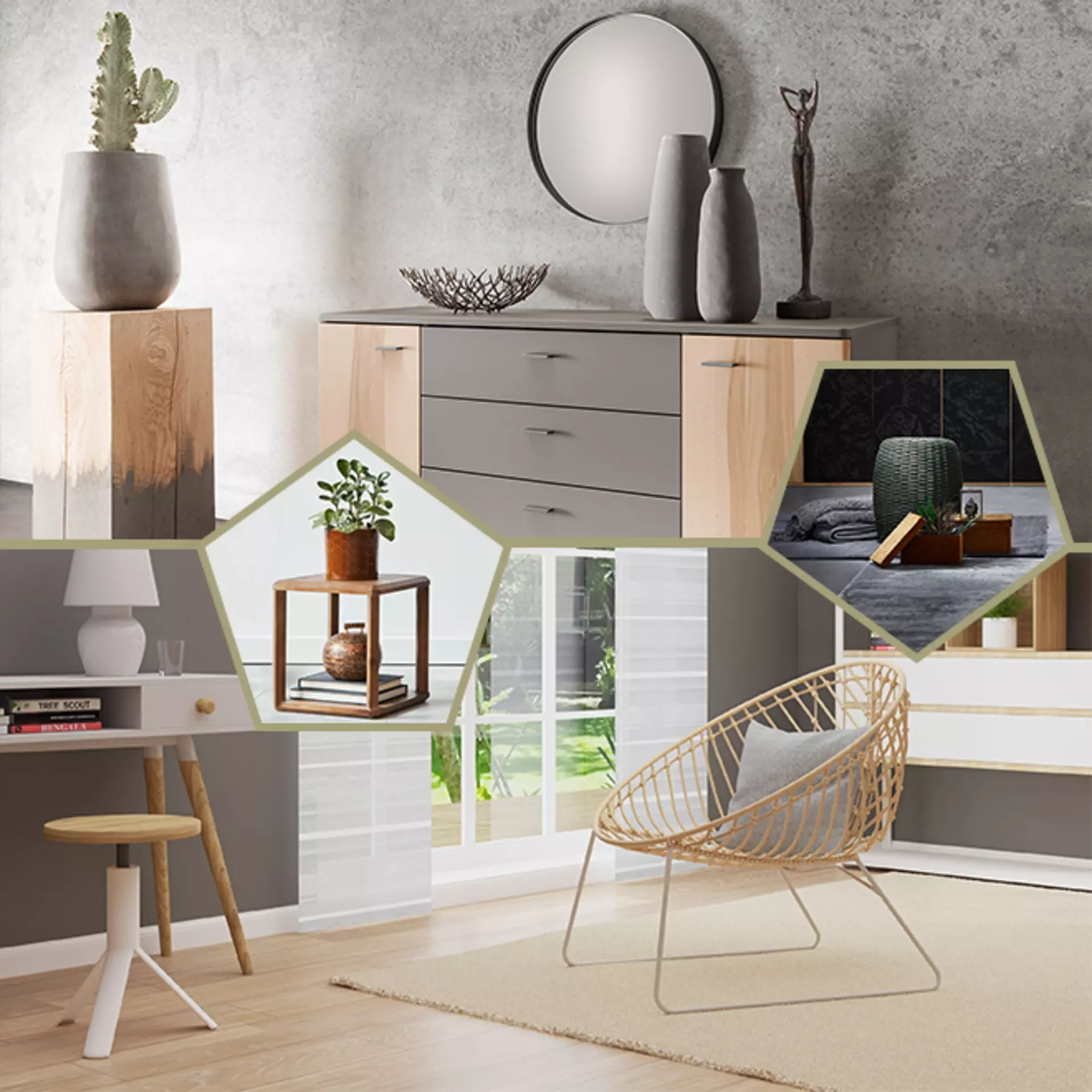 Dekoideen im Landhausstil mit Ohrensessel, Tonwasen und geflochtenem Korb