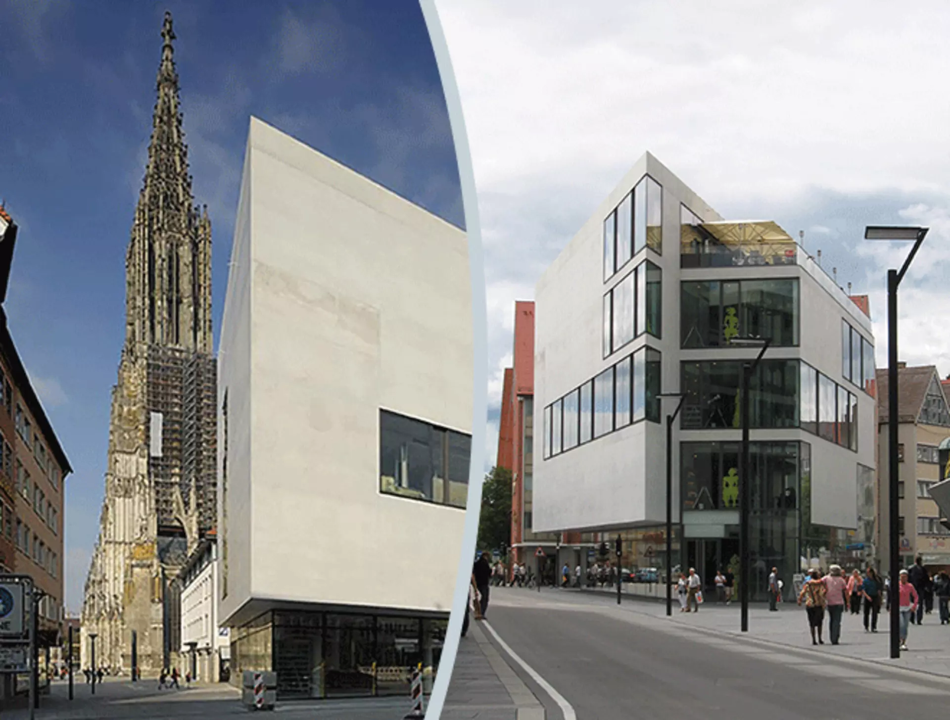 Der moderne Dreiecks-Bau "Münster Tor" mit Blick auf das Ulmer Münster