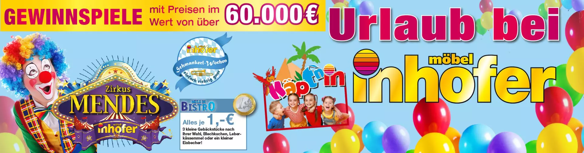 Urlaub bei Möbel Inhofer - jetzt klicken und bunte Aktionen, coole Überraschungen und spannende Gewinnspiele entdecken!