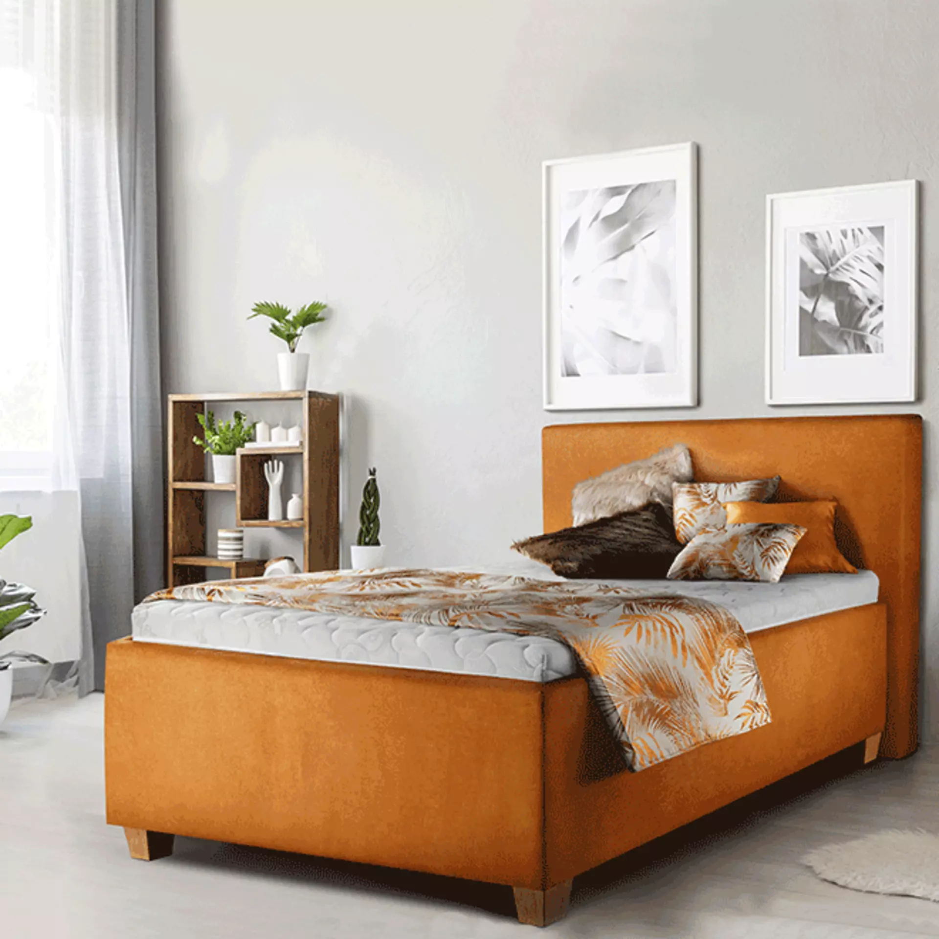 Ein Bild von einem Polsterbett in der farbe Orange