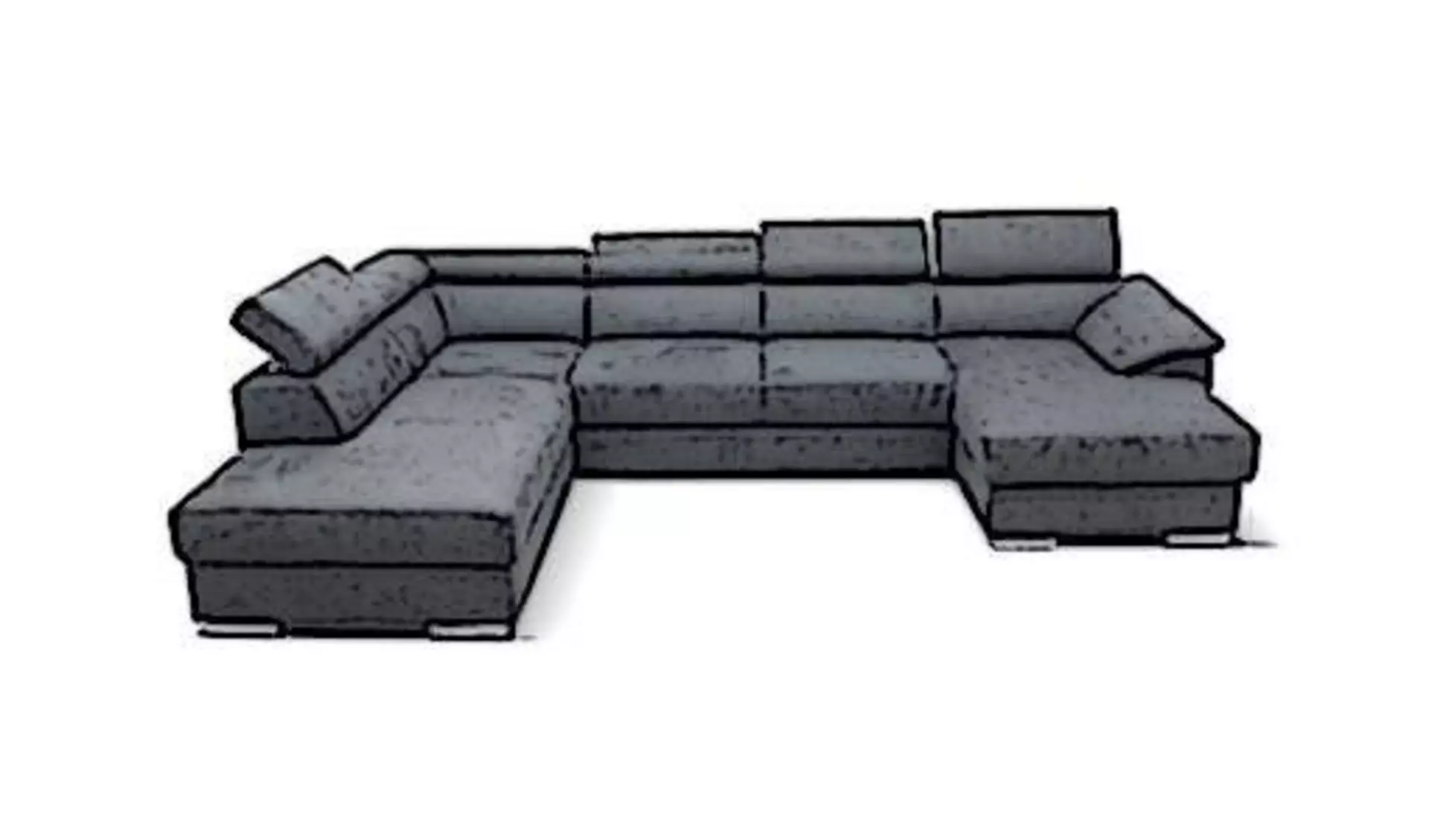 Die Kategorie "Wohnlandschaft" innerhalb "Sofa und Couches" wird durch ein großes dunkelgraues Sofa dargestellt. Das Sofa hat eine U-Form und zeigt verstellbare Rückenlehnen und Kopfstützen.
