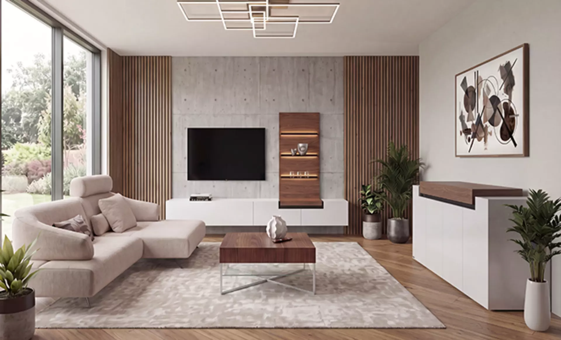 Die Latus Serie von Hülsta bietet passend abgestimmte Wohnwände und Sideboards wie hier in einem schönen modernen Wohnzimmer