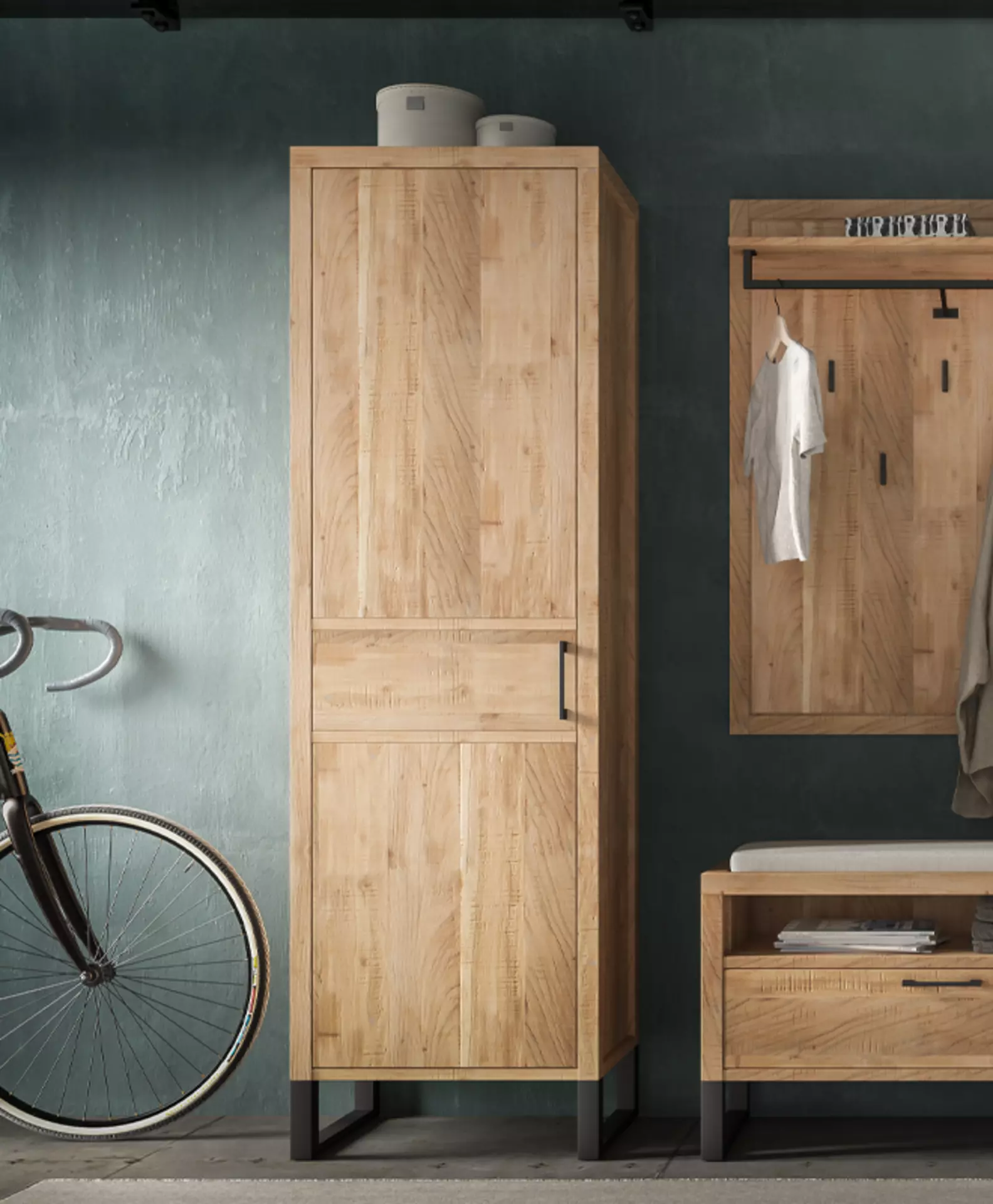 Massivholz Dielenschrank mit Metallbeinen unbehandelt