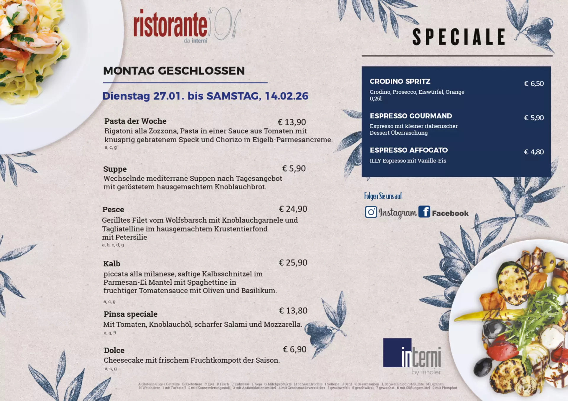 Aktuelle Speisekarte des Ristorante da interni