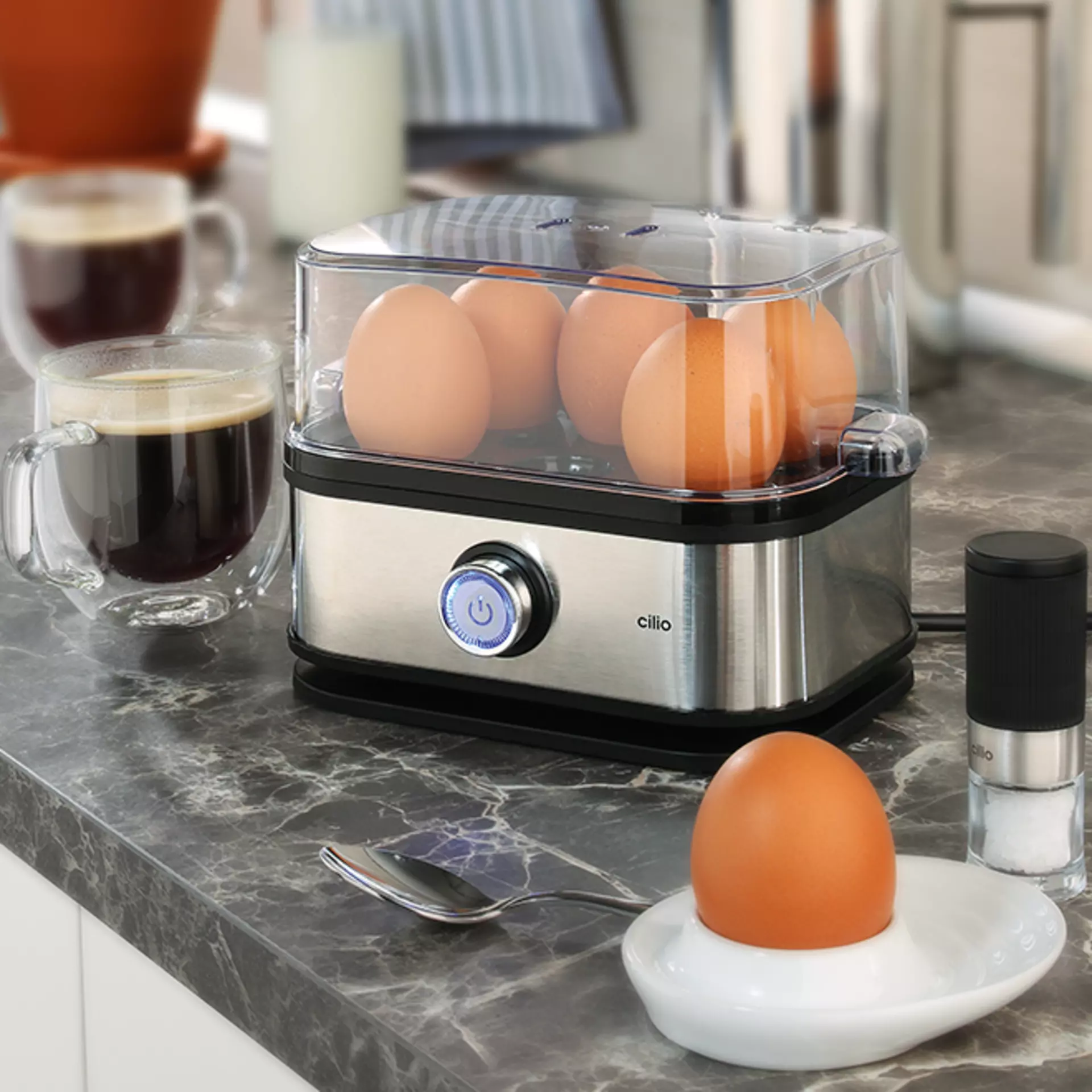 Eierkocher der Marke cilio mit Edelstahl-Optik