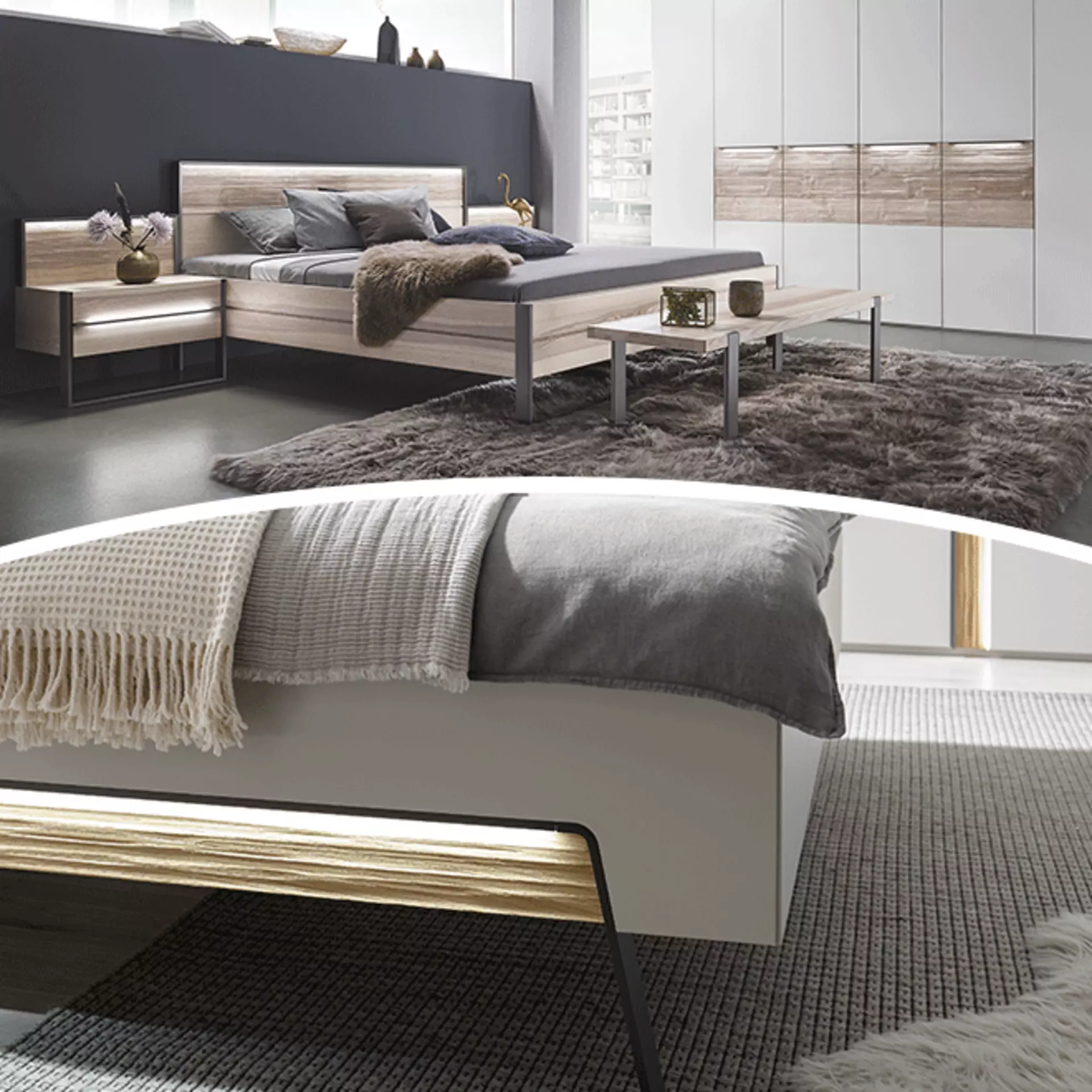 Schlafzimmer mit intergiertem Licht für eine indirekte Beleuchtung gibts bei Möbel Inhofer