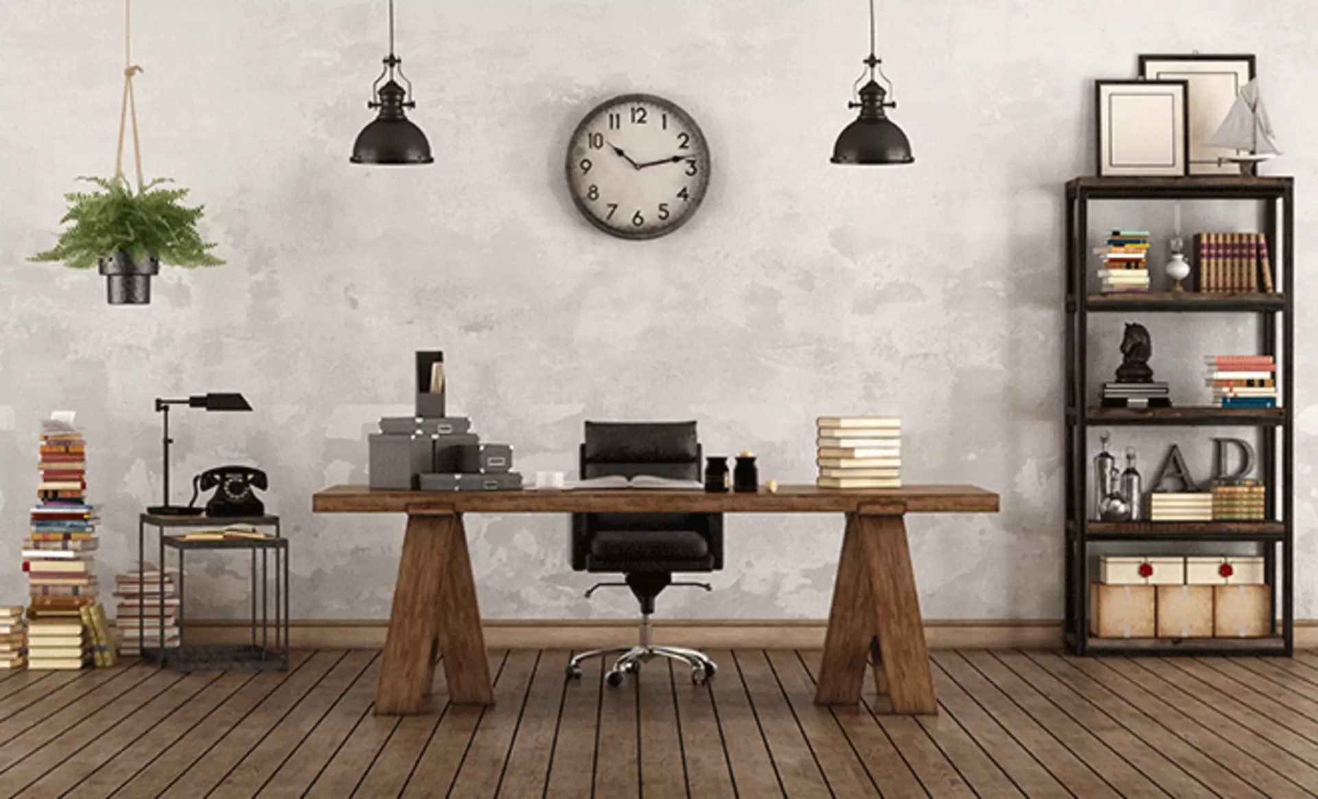 büro in retro optik mit schreibtisch, regalen und dekoration