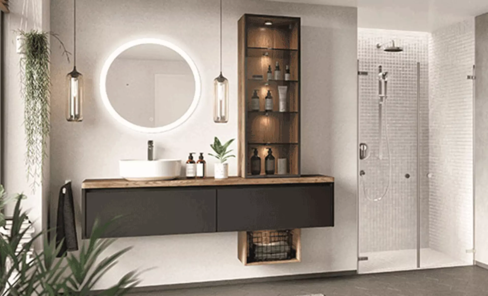 Badezimmer mit Beige - Braunen Farben und ein Spiegel mit lichtfunktion