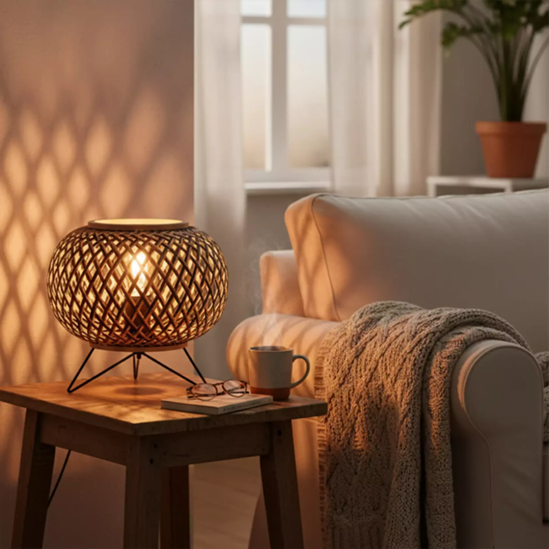 Moderne Tischleuchte mit geflochtenem Schirm