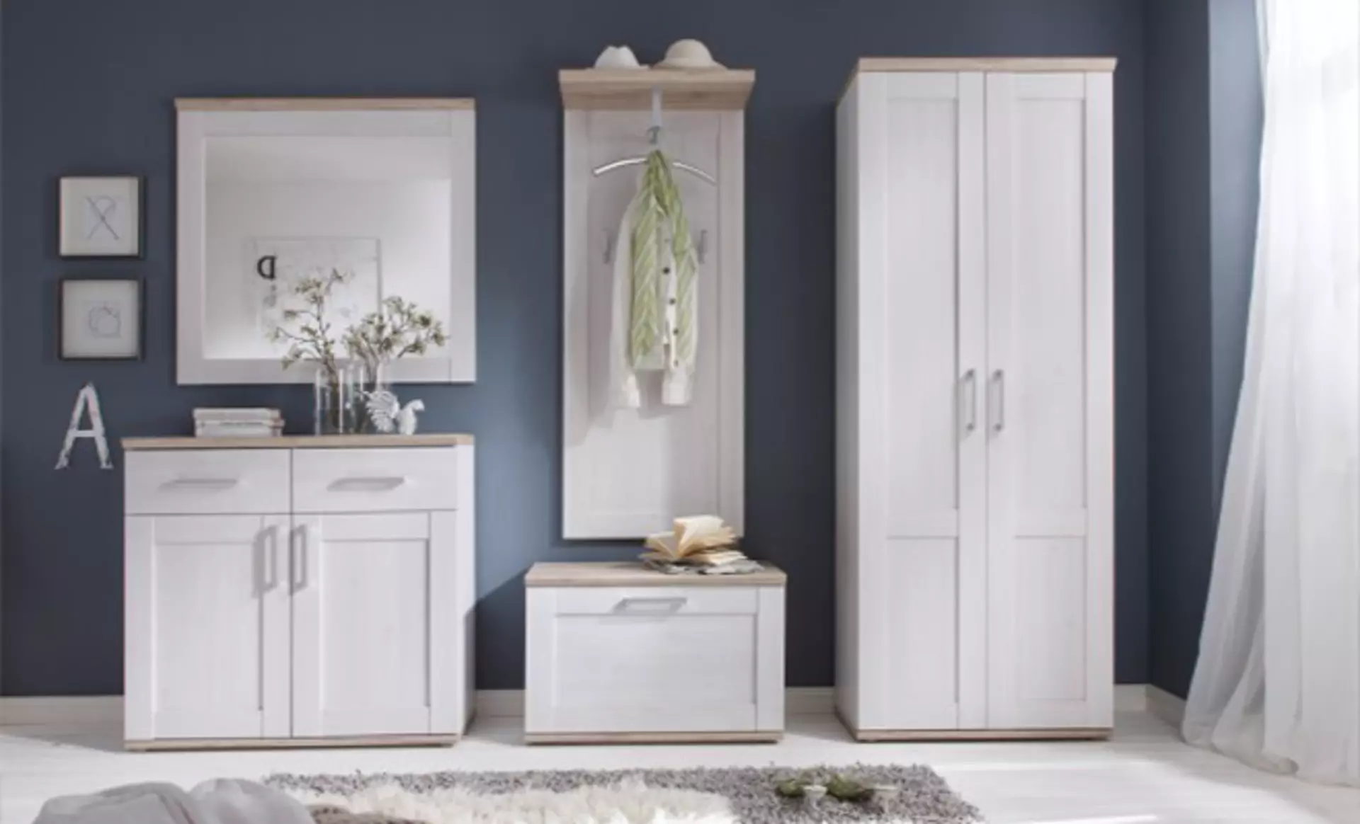 Skandinavische Landhausstil Garderobe im Set mit Schrank, Sitzbank, Kommode, Spiegel und Wandpaneel