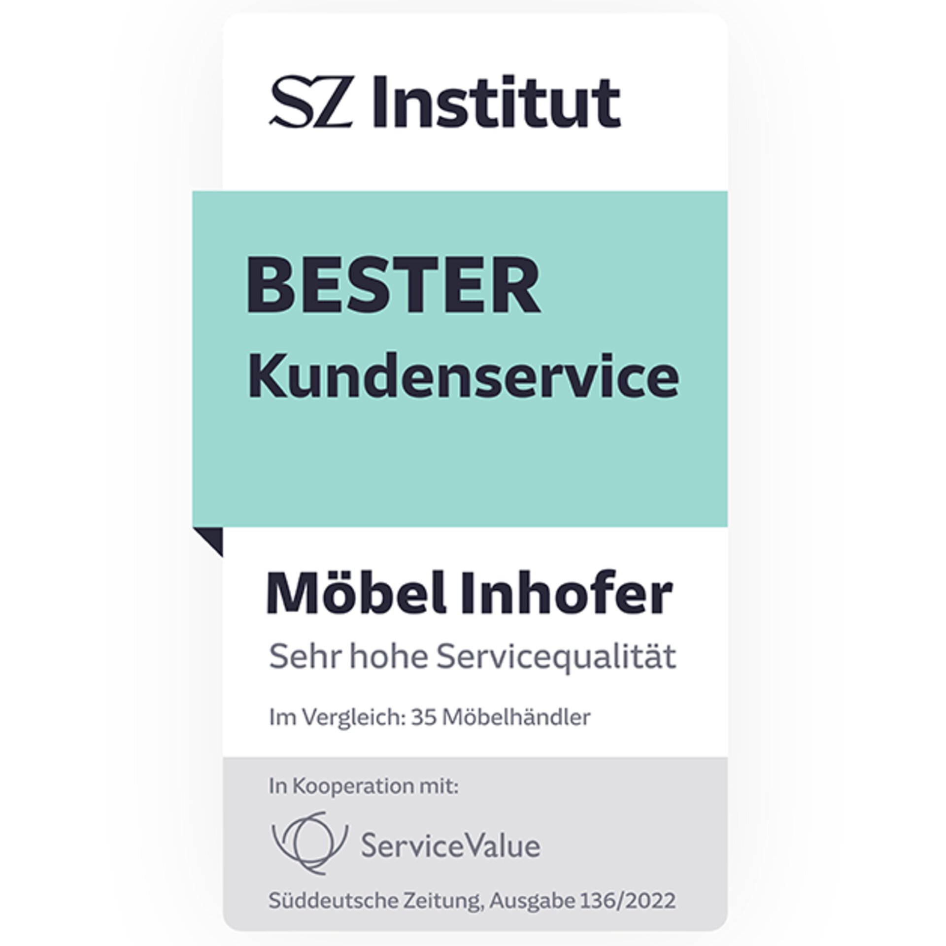 Auszeichnung durch das SZ Institut: Möbel Inhofer bietet  sehr hohe Servicequalität.