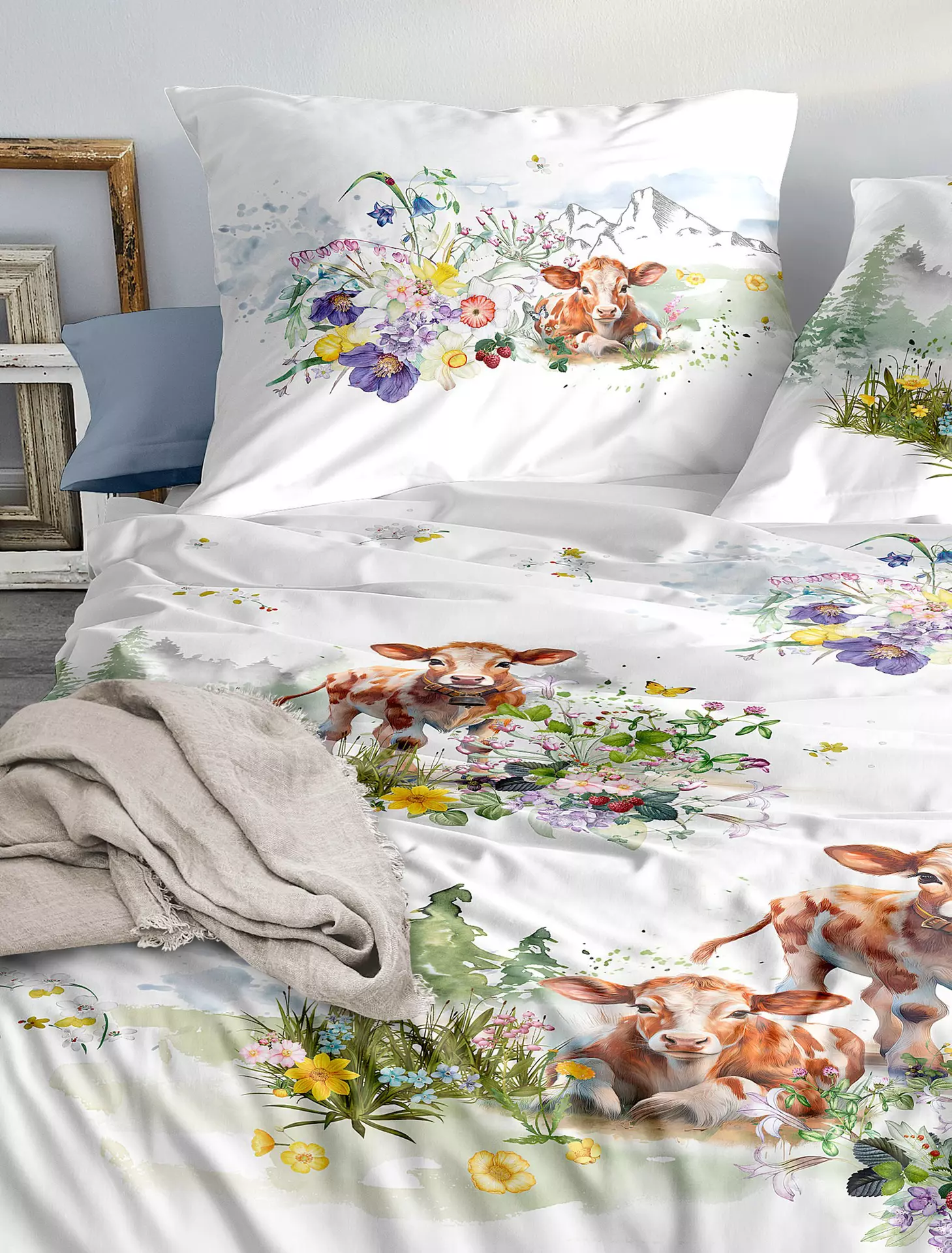 Satin-Bettwäsche Wave Bergwelt Kühe Irisette Textil 135 x 200 cm