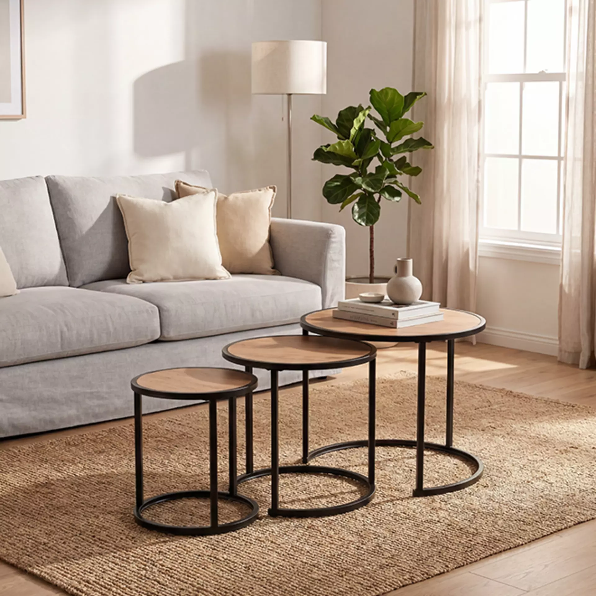 Beistelltische aus hellem Holz und schwarzem Metall die vor einem Grauen sofa stehen 