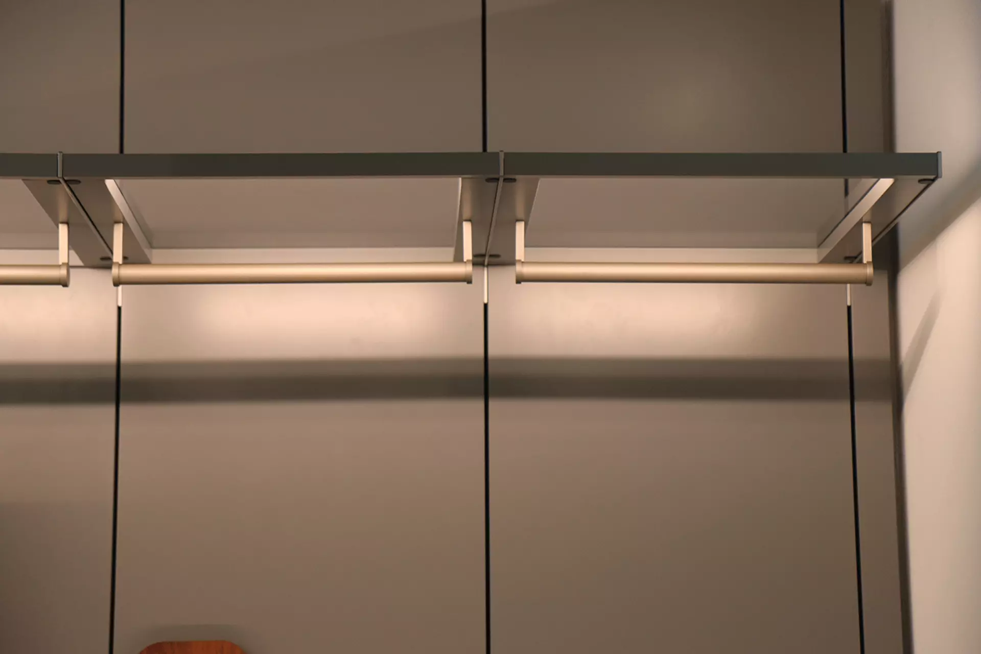 Detailafnahme des Interlübcke Wandpaneels der Collect Plus Kollektion mit beleuchteten Gläsernen Böden mit Kleiderstangen