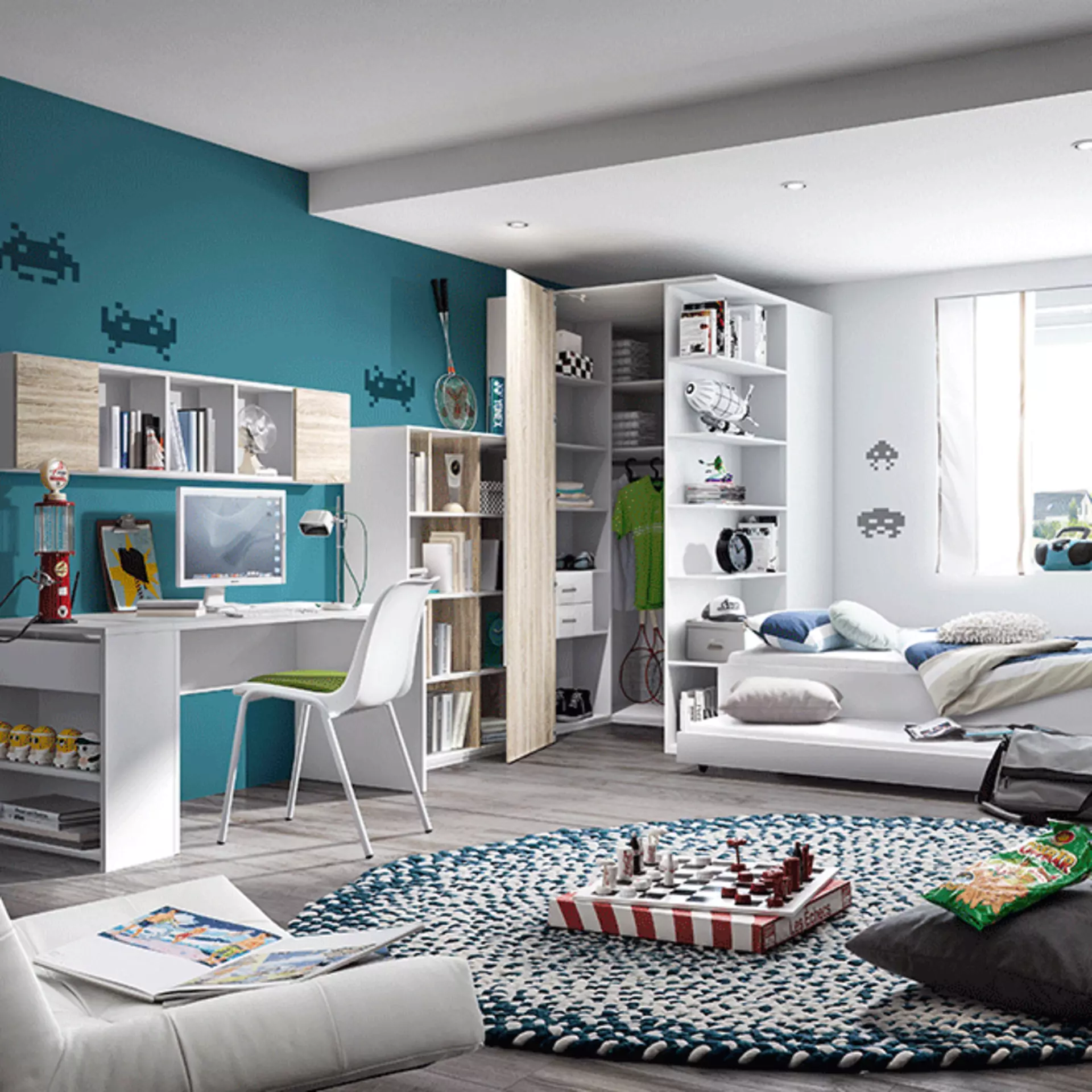 Jugenzimmer mit Sitzkissen und Teppich auf dem Boden mit blauen Akzenten