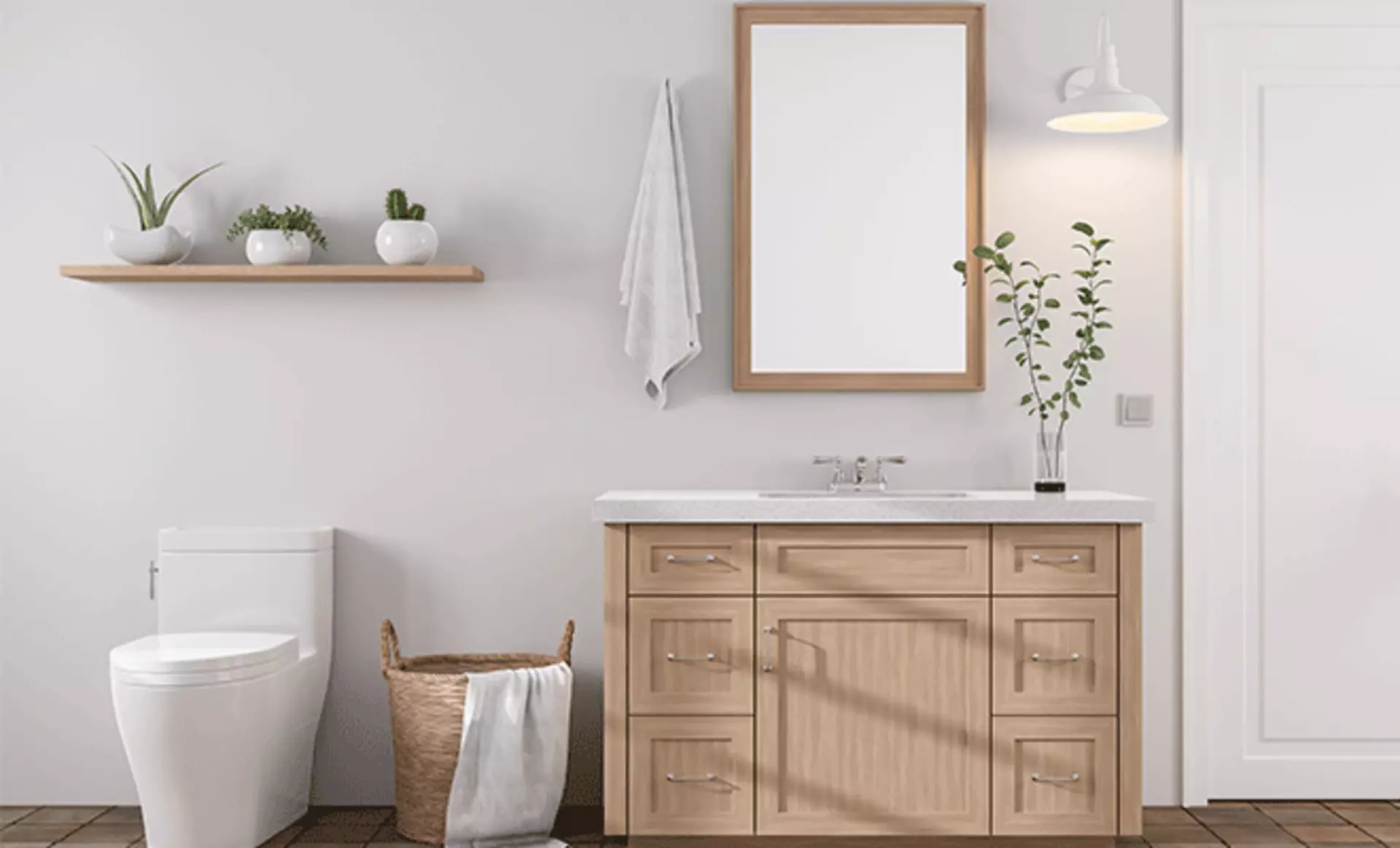 badezimmer mit hellen farben und holzoptik mit schöner dekoration