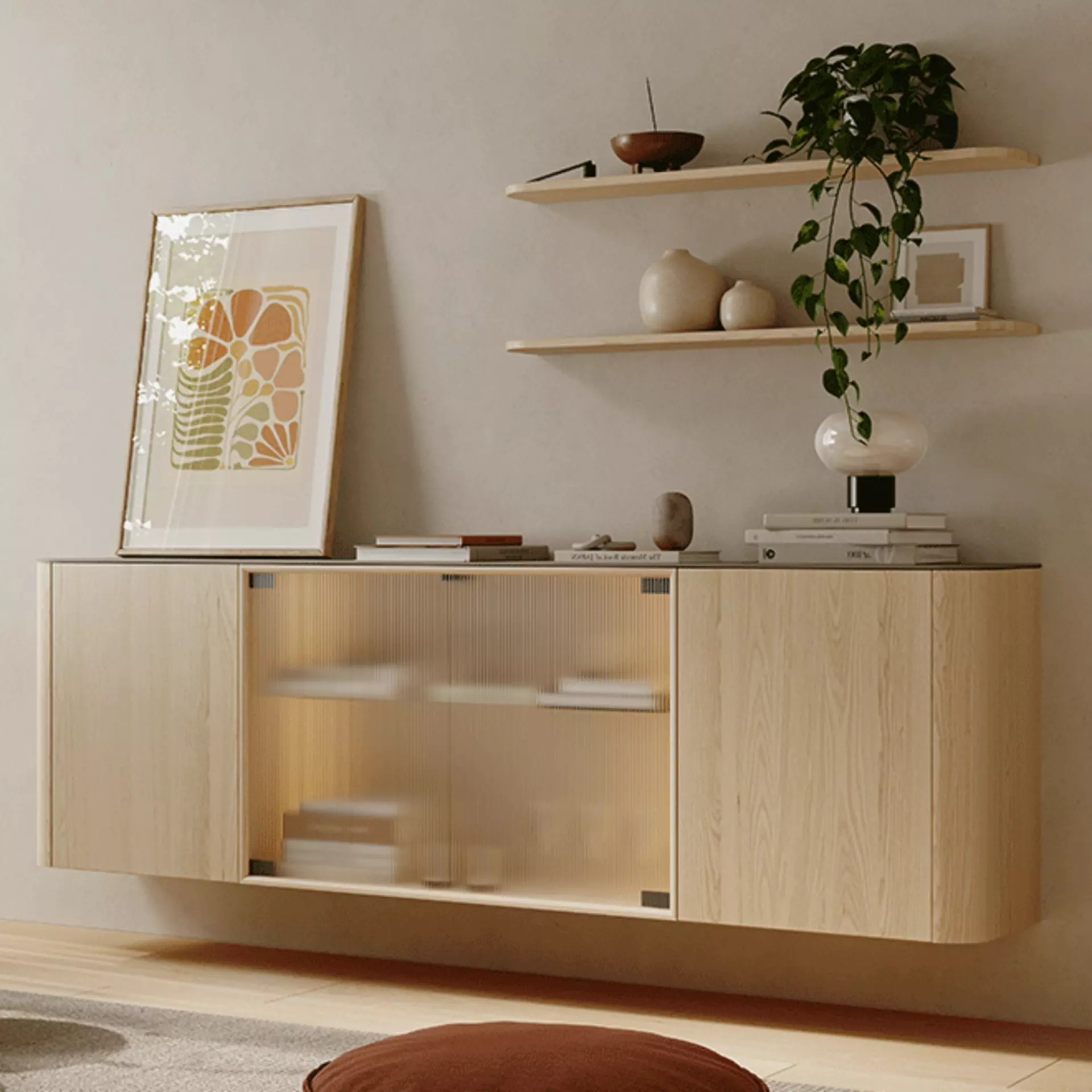 Sideboard aus Holz mit geriffeltem Rauchglas von Walden