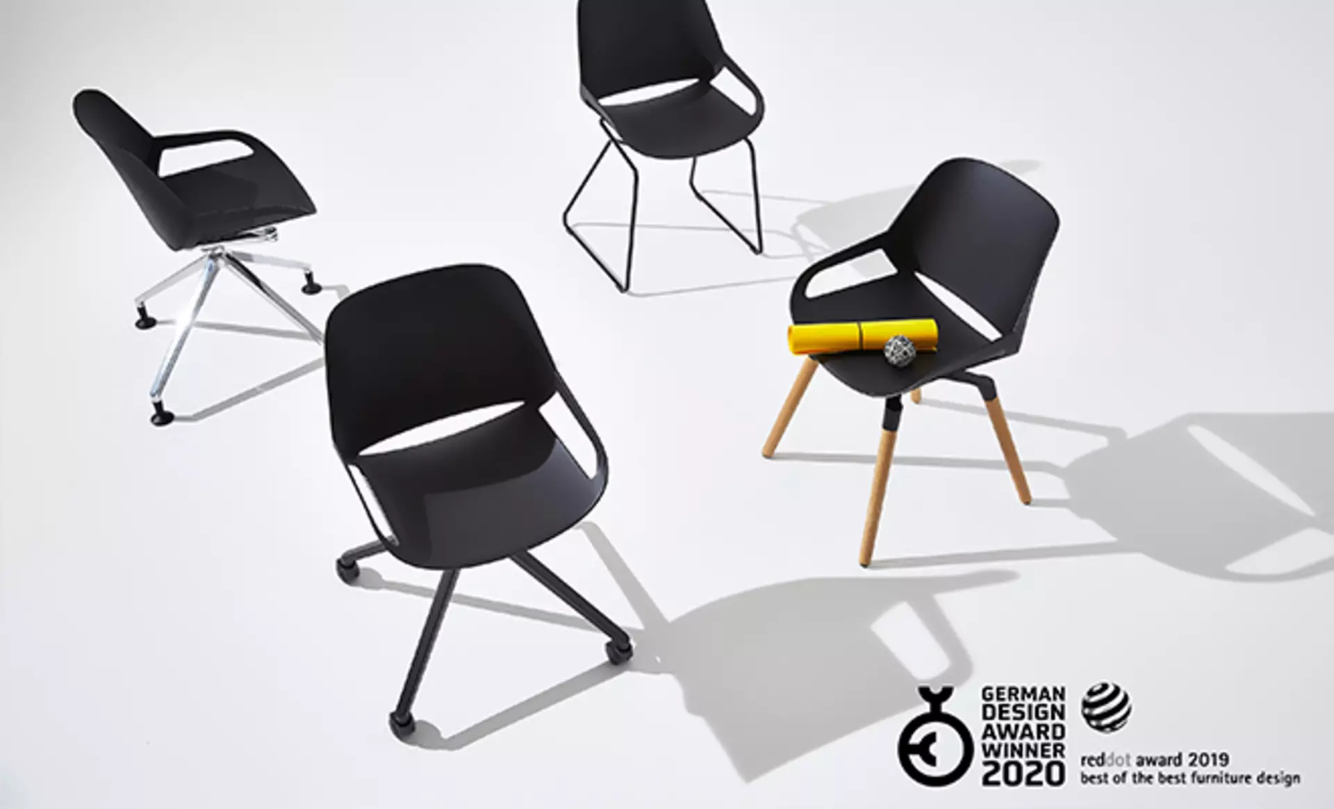 der aeris Numo Stuhl mit seinen verschiedenen Beingestellen vor weißem Hintergrund. Mit Rollen, Metallgestell, Holzbeinen und Metallbeinen un verschiedenen Designs