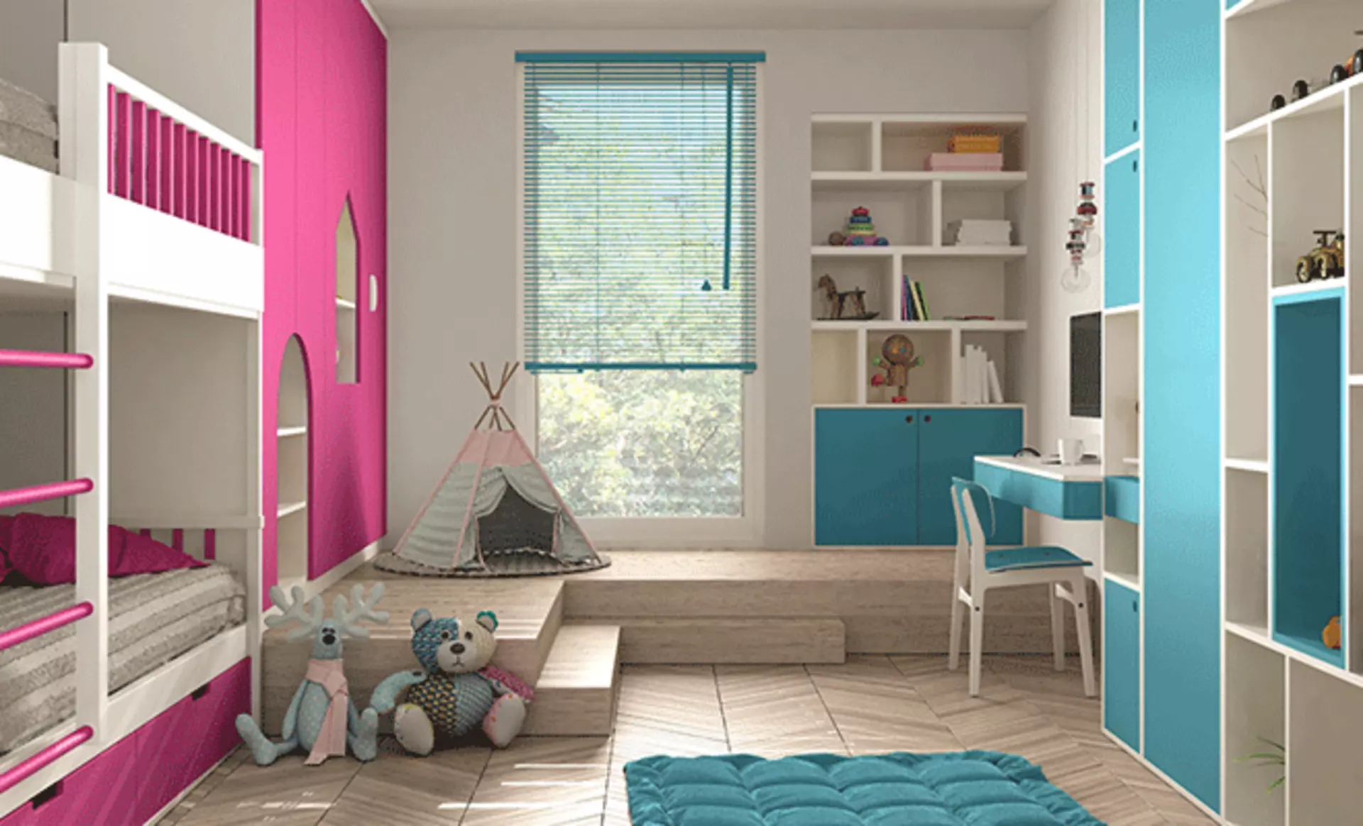 Geschwisterzimmer welches sich in der Mitte in Blau und Pink aufteilt