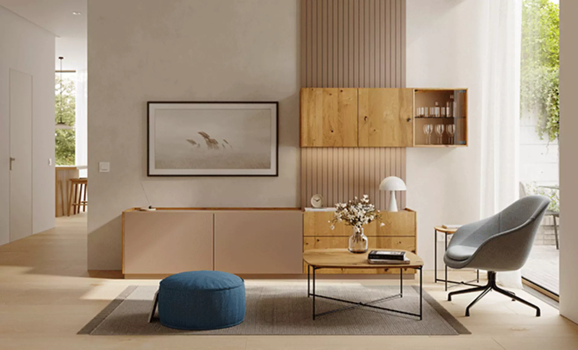 Langes Lowboard und Hängeschrank aus hellem Holz von Walden