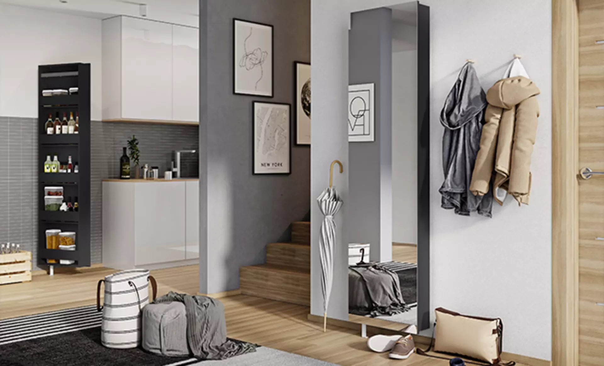 Eine Moderne Garderobe wie auf diesem Bild mit einem Spiegelschrank kann nicht nur den Flur obtisch weiten, sondern schafft Ordnung und ein gefühl der entspannung direkt beim Betreten des zuhause