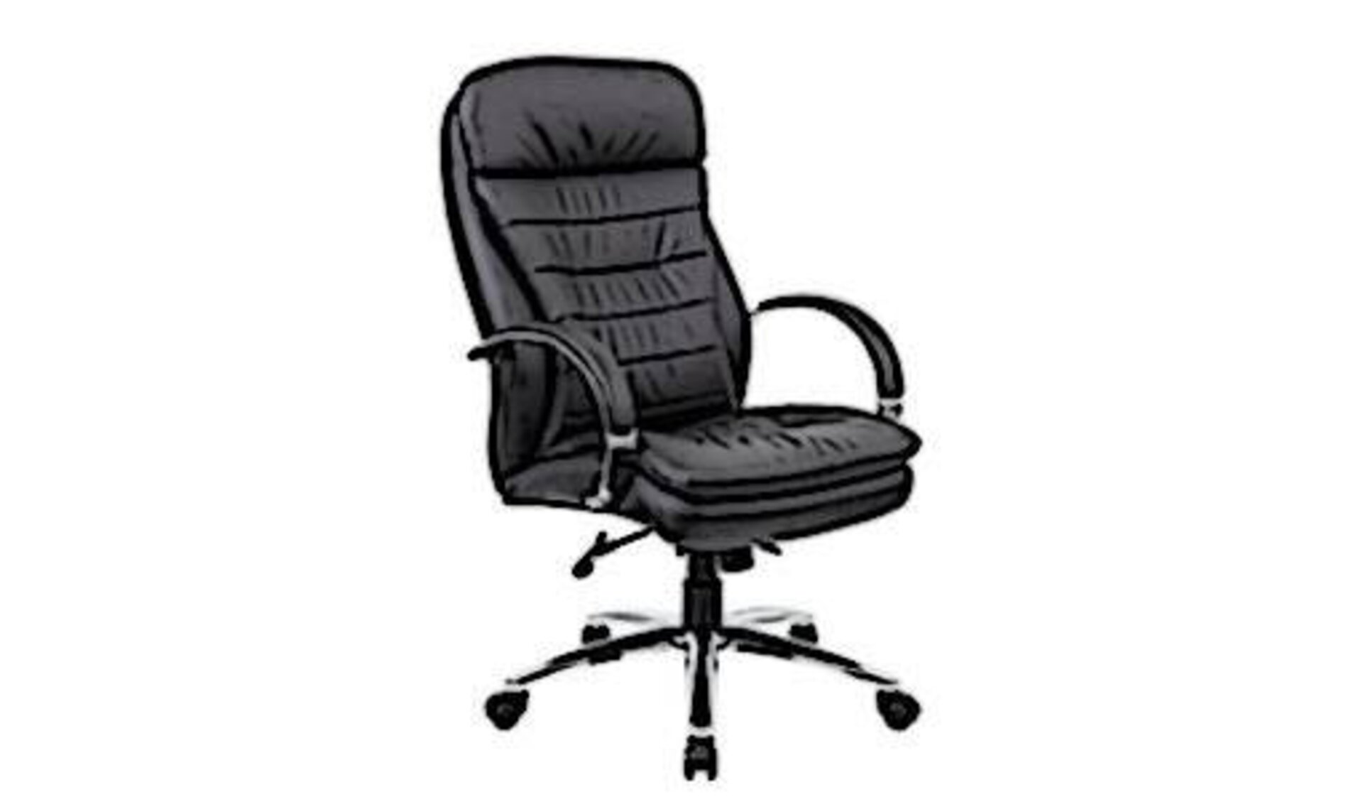 Chefsessel aus dunklem Glattleder, dick gepolsterter Sitzfläche und Rückenlehne, sowie geschwungene Armlehnen. Die Abbildung steht für alle Chefsessel innerhalb der Kategorie der Bürostühle.