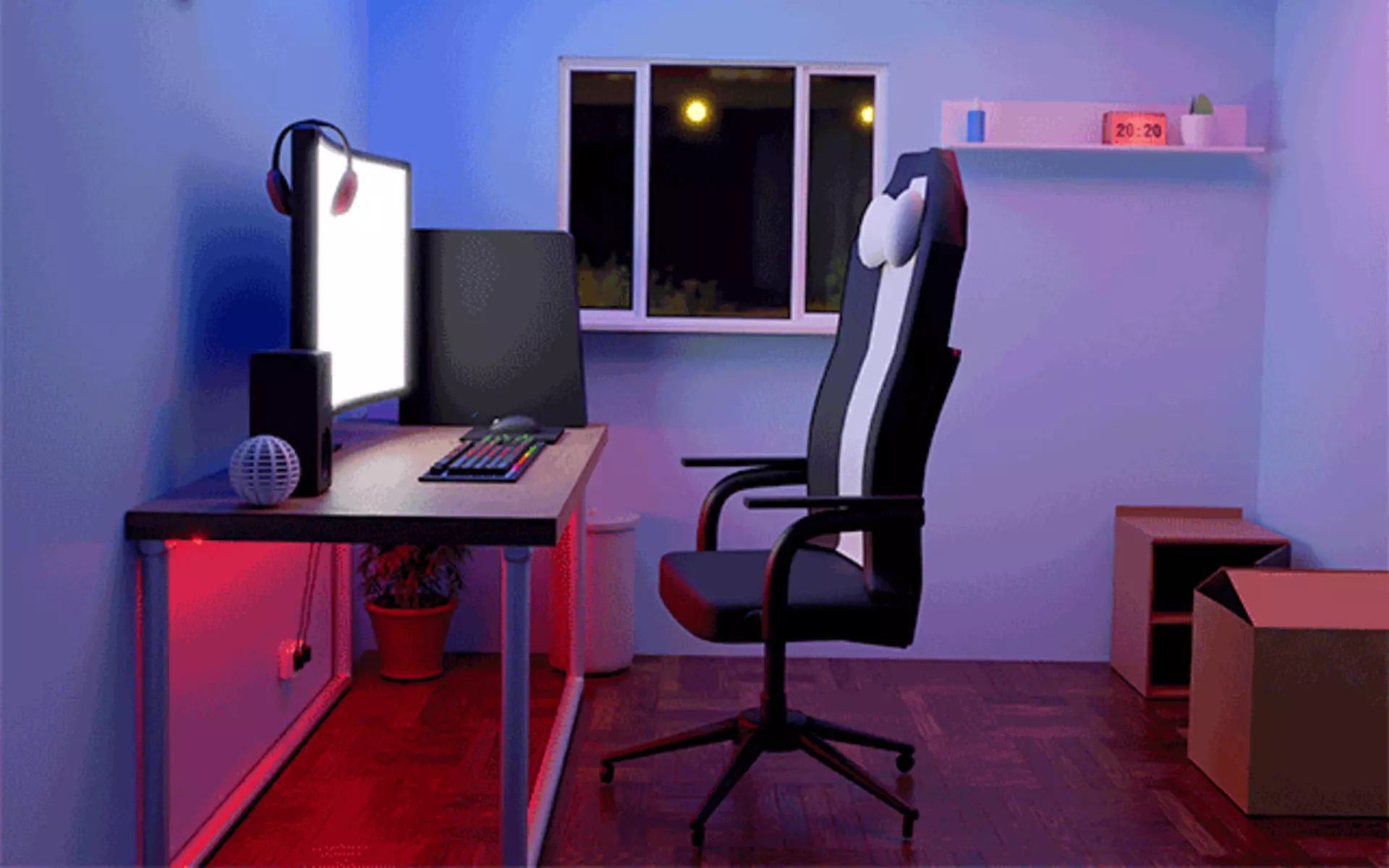 Gaming Zimmer mit Schreibtisch und Bürostühl