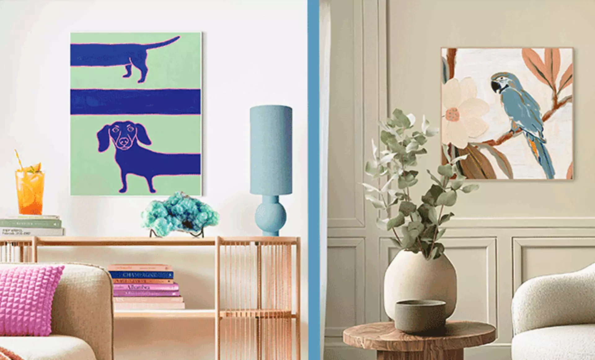 Großes Wandbild als zentraler Blickfang im modernen Wohnzimmer als Grundlage für eine harmonische Bilderwand