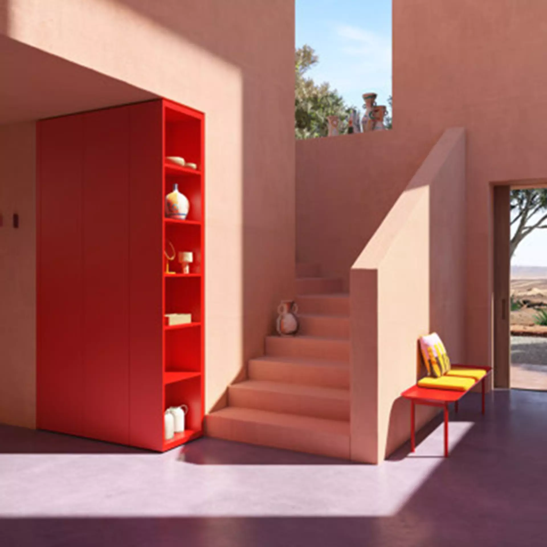 Cabin in rot als schmale Schranklösung mit seitlichem Regal in einem Flur