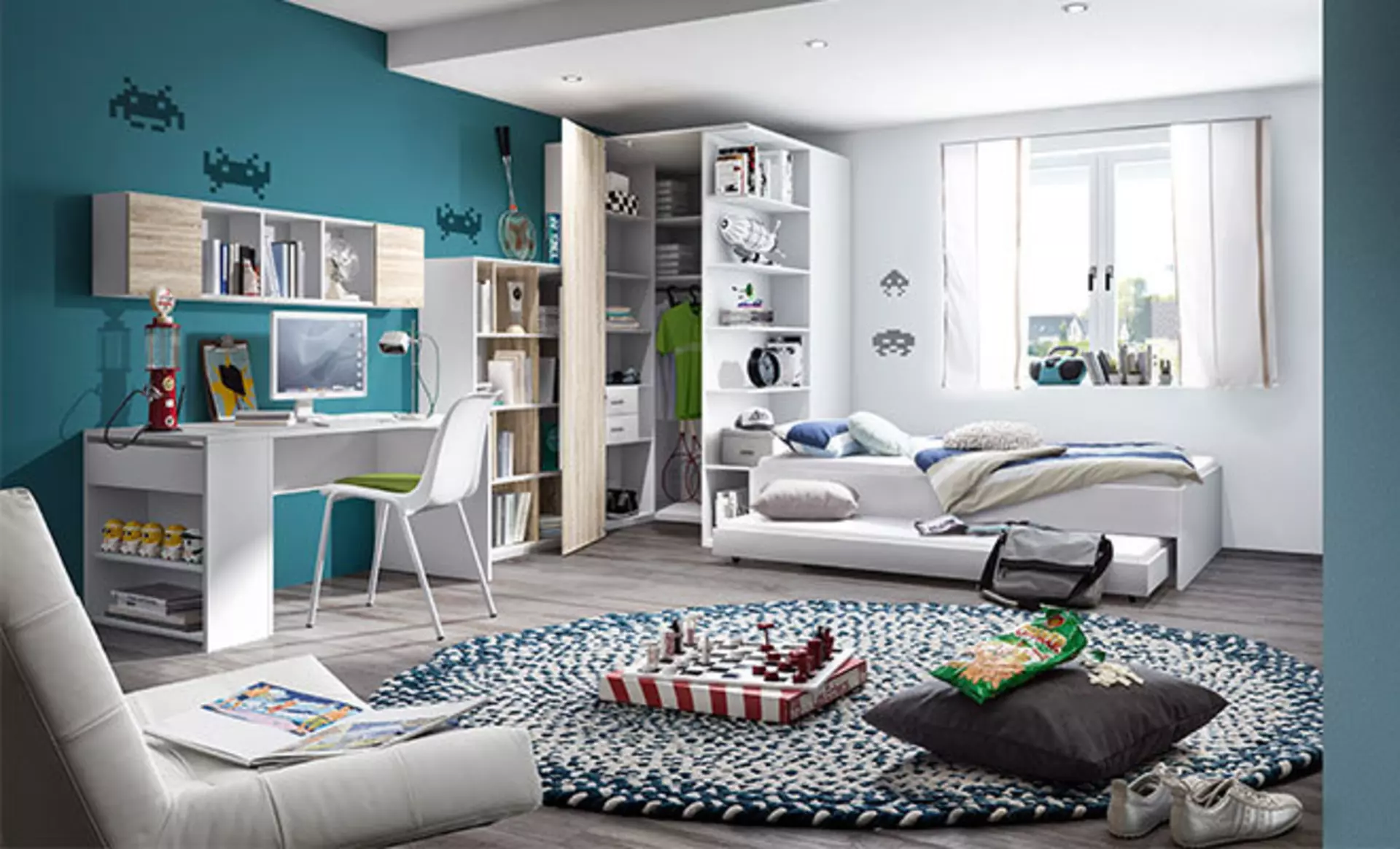 Modernes Jugendzimmer-Set mit komfortablem Bett und integrierter Gaming-Ecke