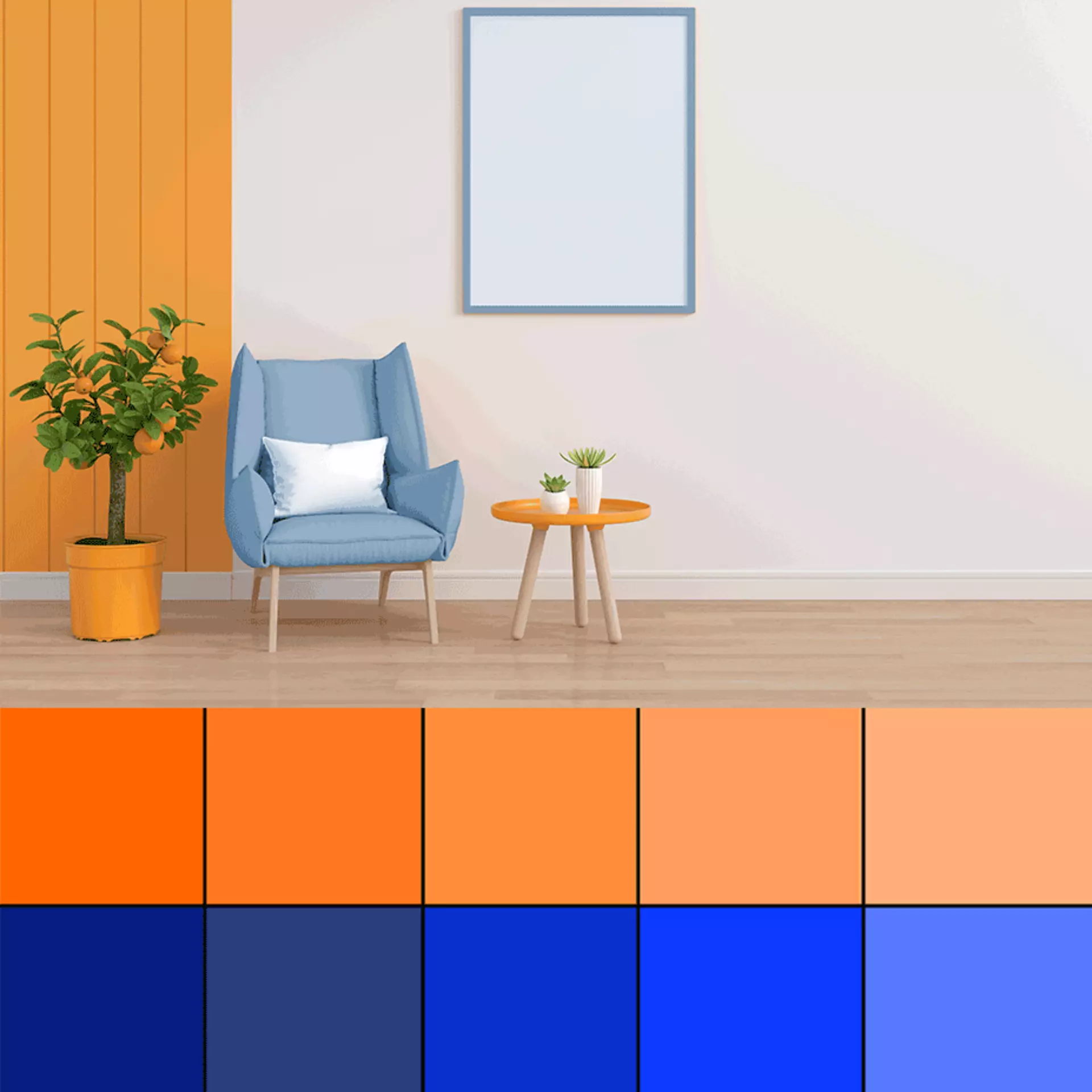 blauer Sessel mit Orangener Dekoration und Orang-Blauer Farbpalette