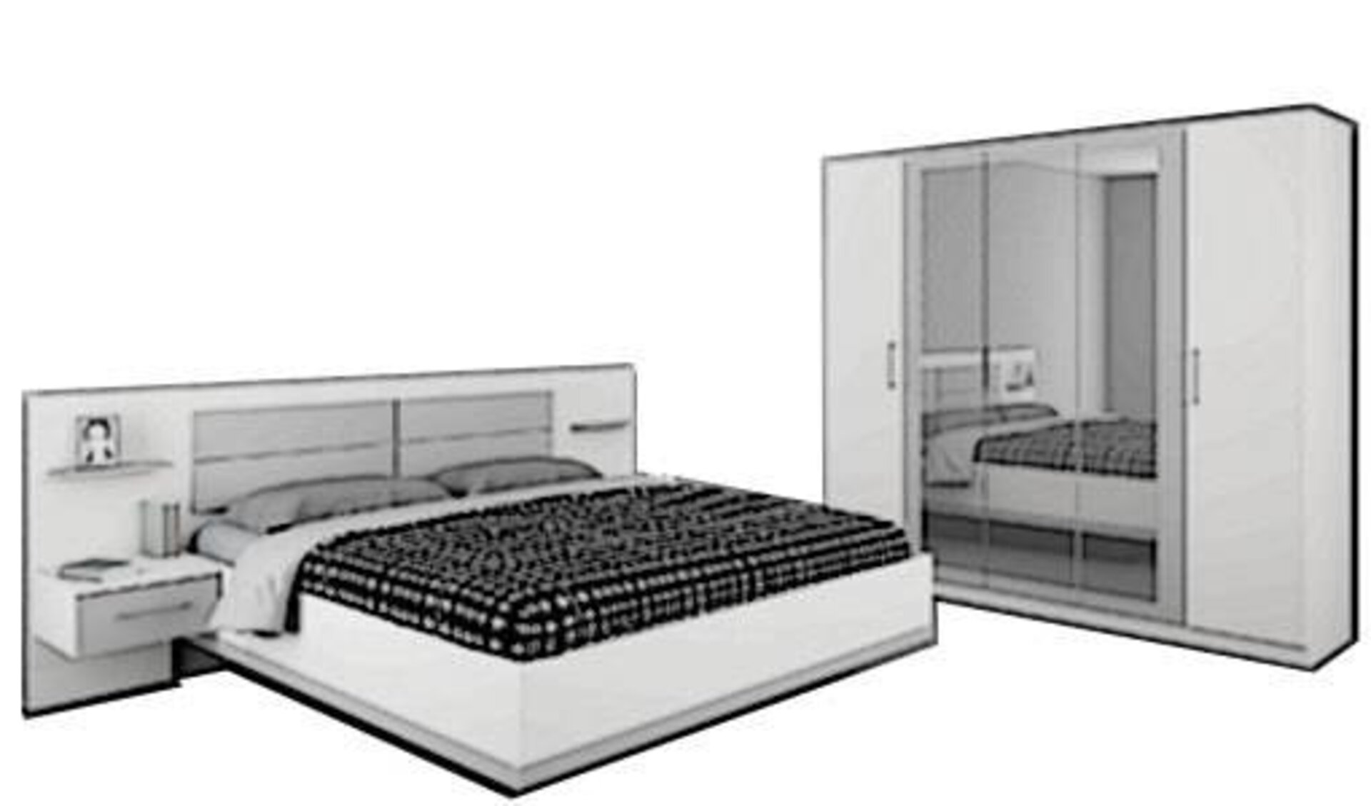 Icon für die Kategorie Schlafzimmer komplett. Das Schlafzimmerset wird durch eine Doppelbett mit integrierten Ablagen, sowie einem großen Kleiderschrank dargestellt.