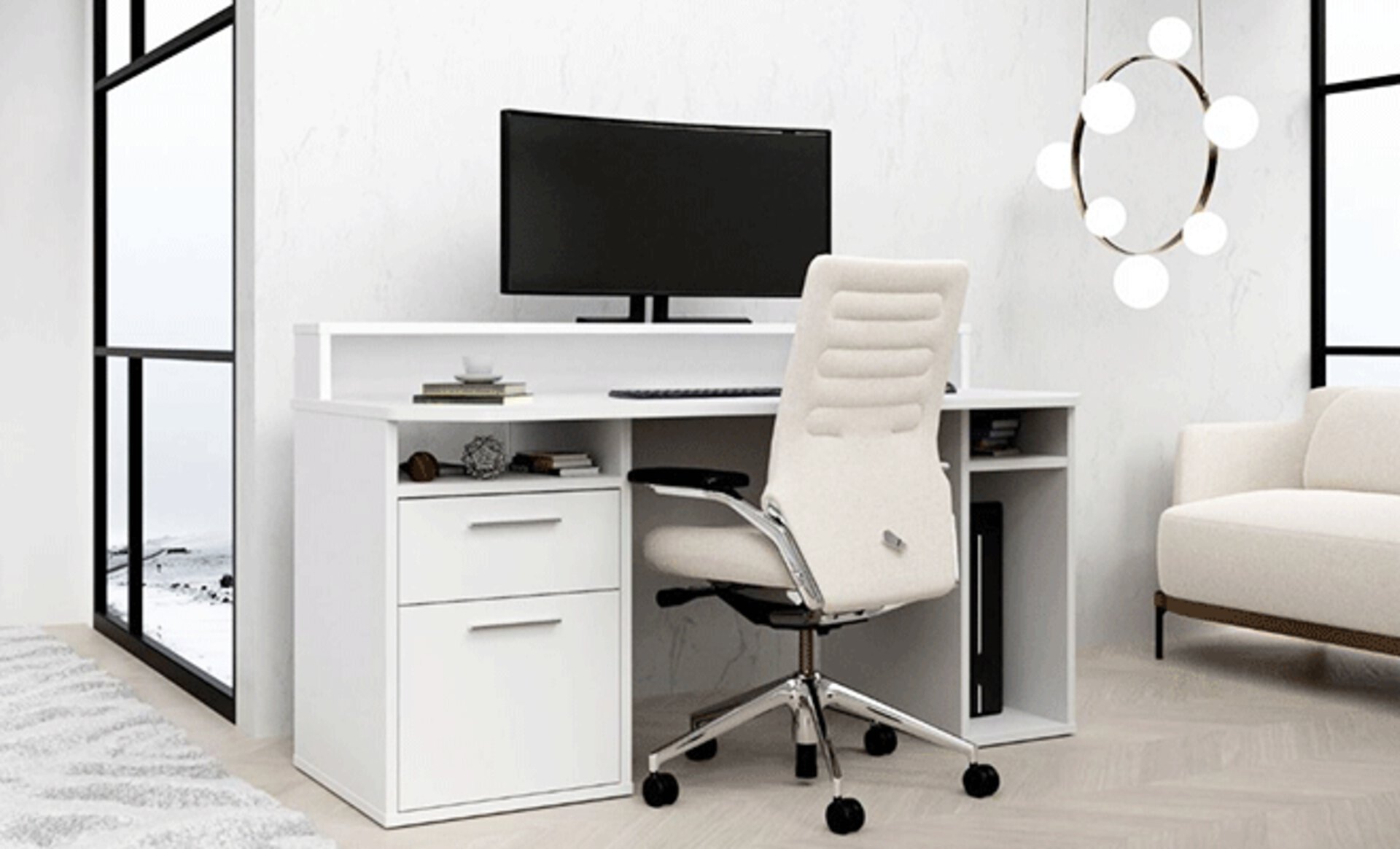 Inspirationsbild für WG-Zimmer zeicht kompakten Computer-Schreibtisch in weiß.