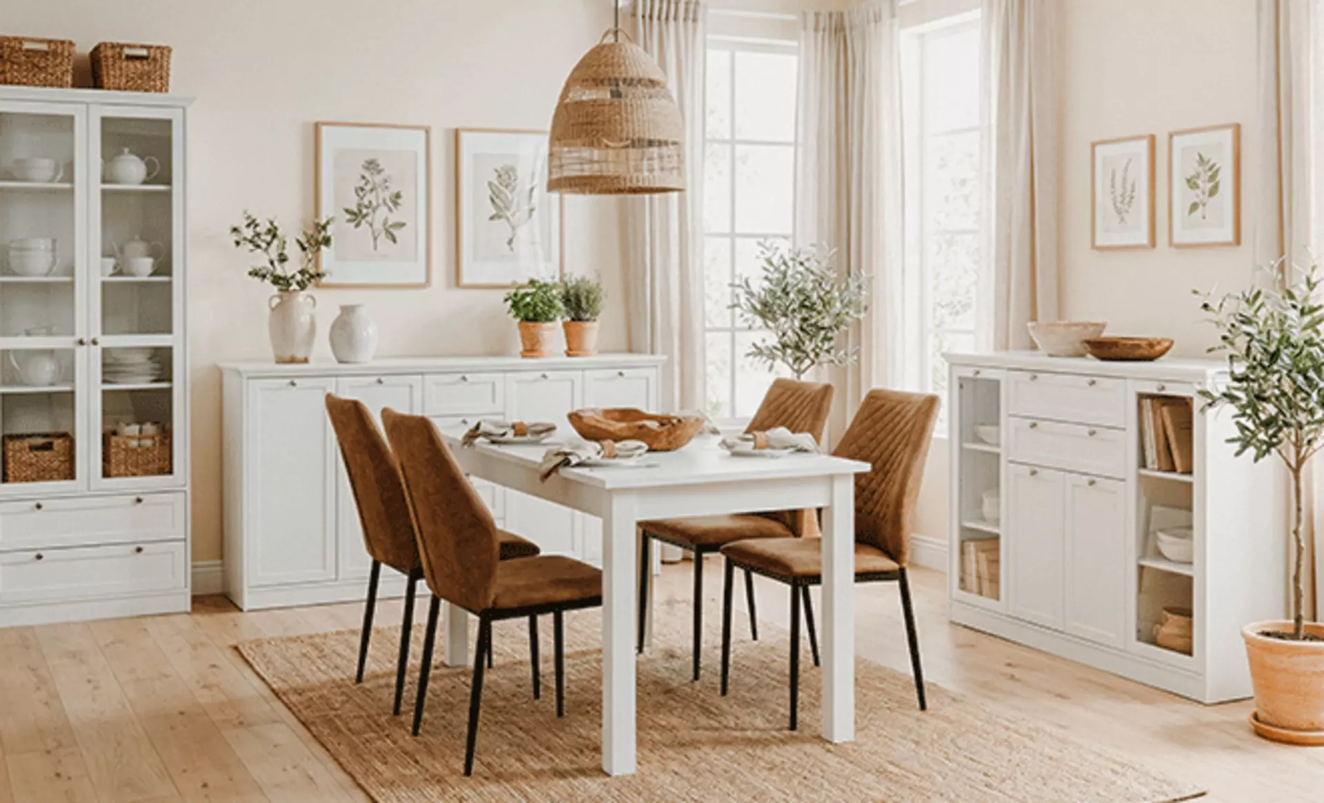 Gemütlicher Essbereich im Cottage-Stil mit hellen Farben und Naturmaterialien.