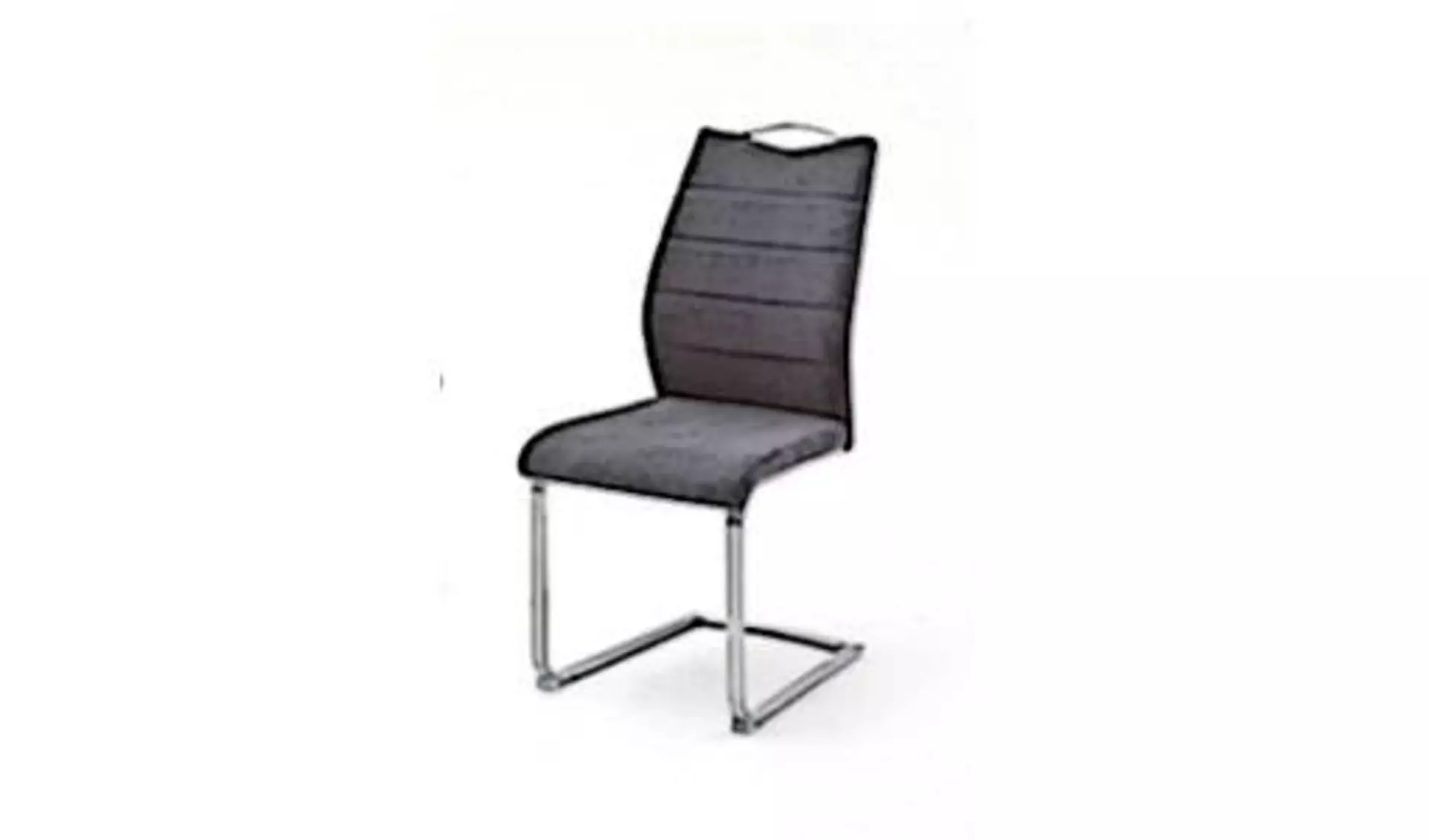 Esszimmerstuhl mit schwarzem Polster im Bereich der Sitzfläche und Rückenlehne und U-förmigen Metallfuß für stabilen Stand. Der abgebildete Esszimmerstuhl steht als Synonym für alle Stühle dieser Kategorie.