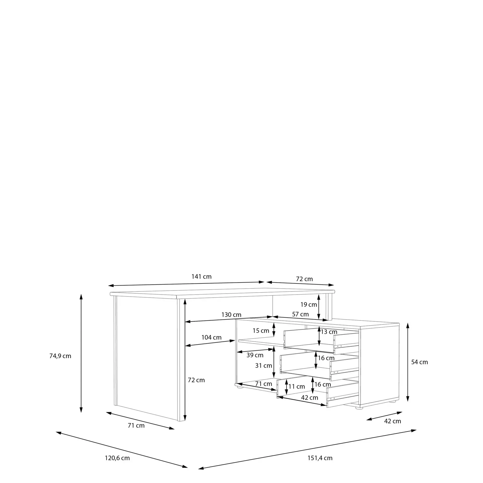 Eckschreibtisch TEMPRA2 Forte Holzwerkstoff 151 x 74 x 120 cm