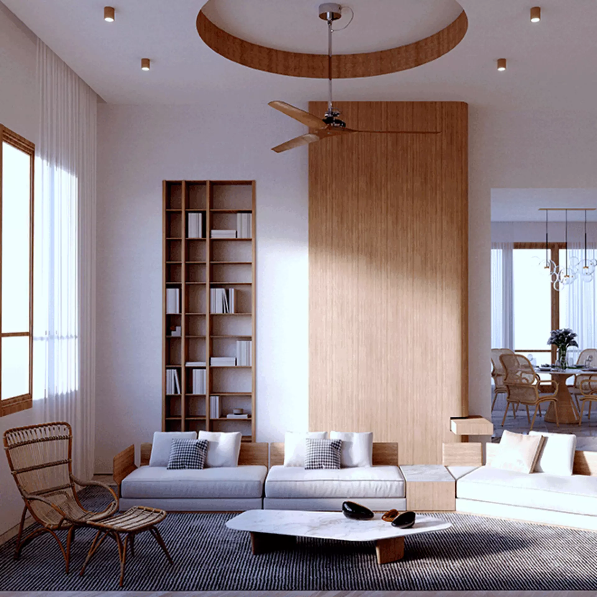 Wohnzimmer mit Sofa und Regal, in den Farben Beige, Braun und Weiß